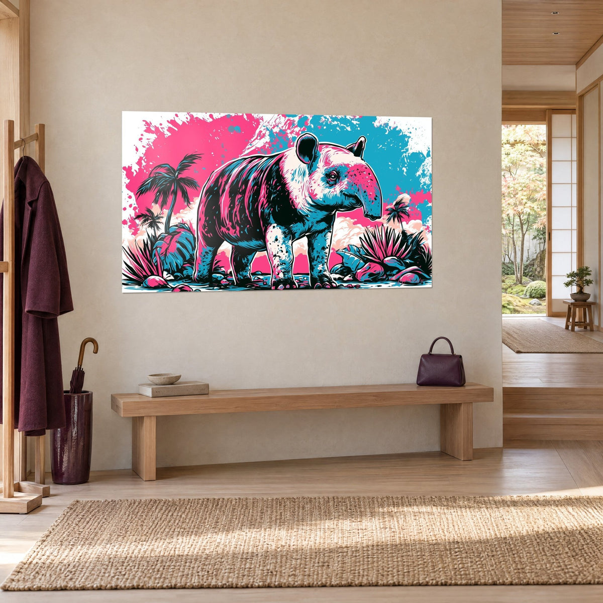 Cuadro de animal de hocico azul y lomo rayado en negro y rosa, cielo fucsia y cian, colgado junto a un banco de madera clara