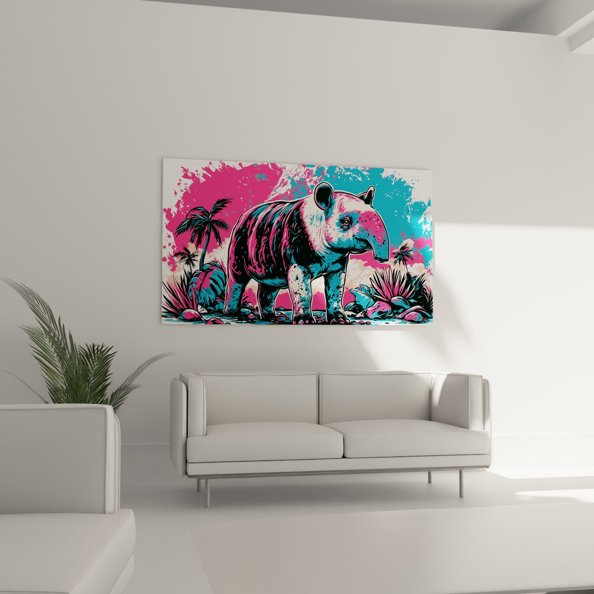 Museau allongé du tapir en rose vif contrastant avec le bleu, au-dessus d'un canapé dans un salon lumineux