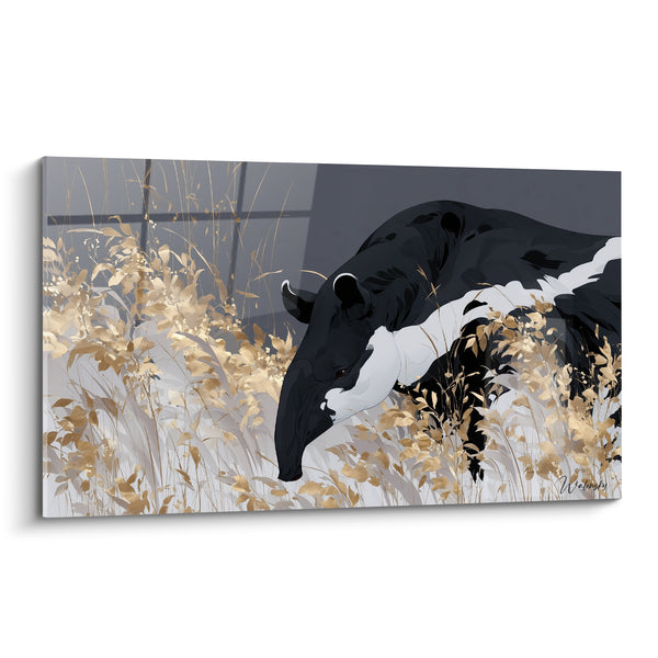Tableau Tapir noir et blanc dans les herbes dorées - Marche silencieuse - Edition Tapir