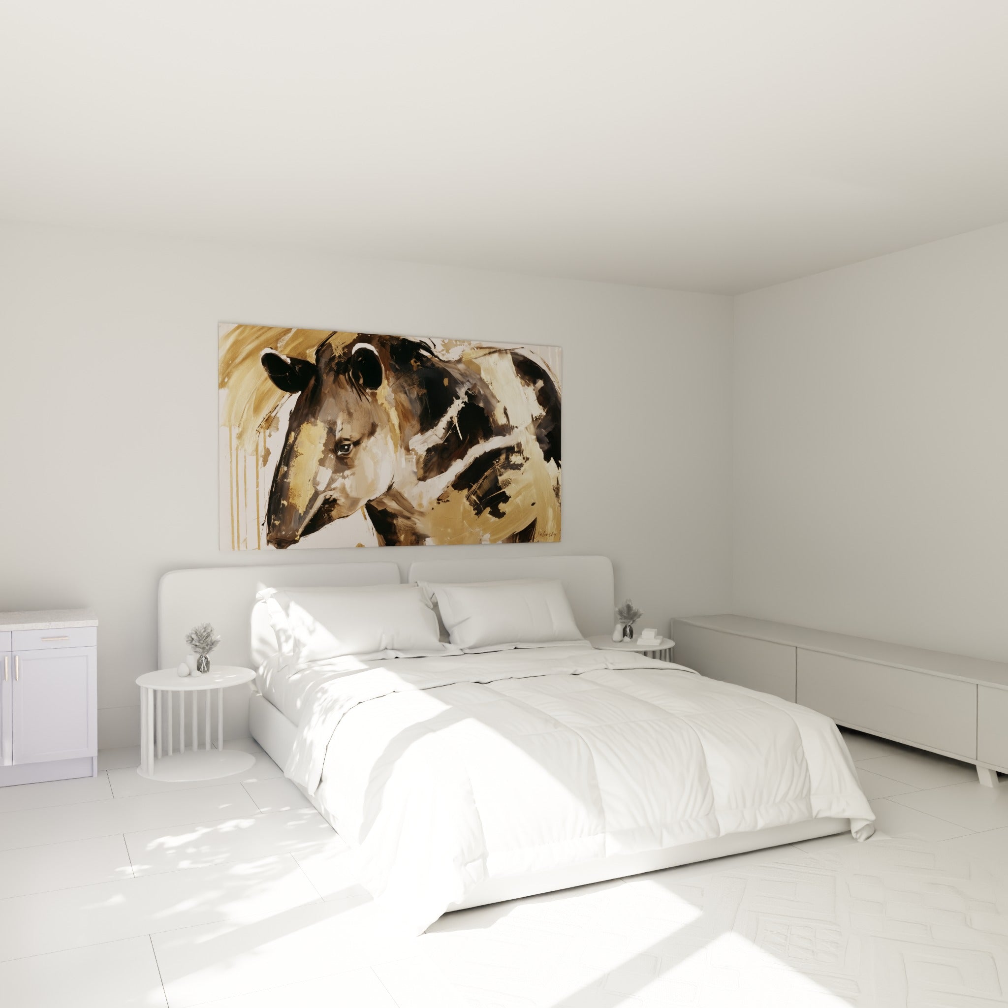 Portrait de tapir doré et noir, regard intense, accroché au-dessus d'un lit dans une chambre claire