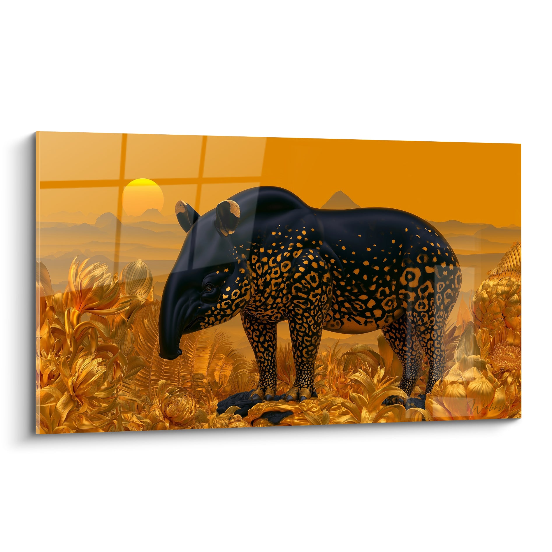 Tapir noir aux taches dorées se détachant sur un fond orange flamboyant et végétal