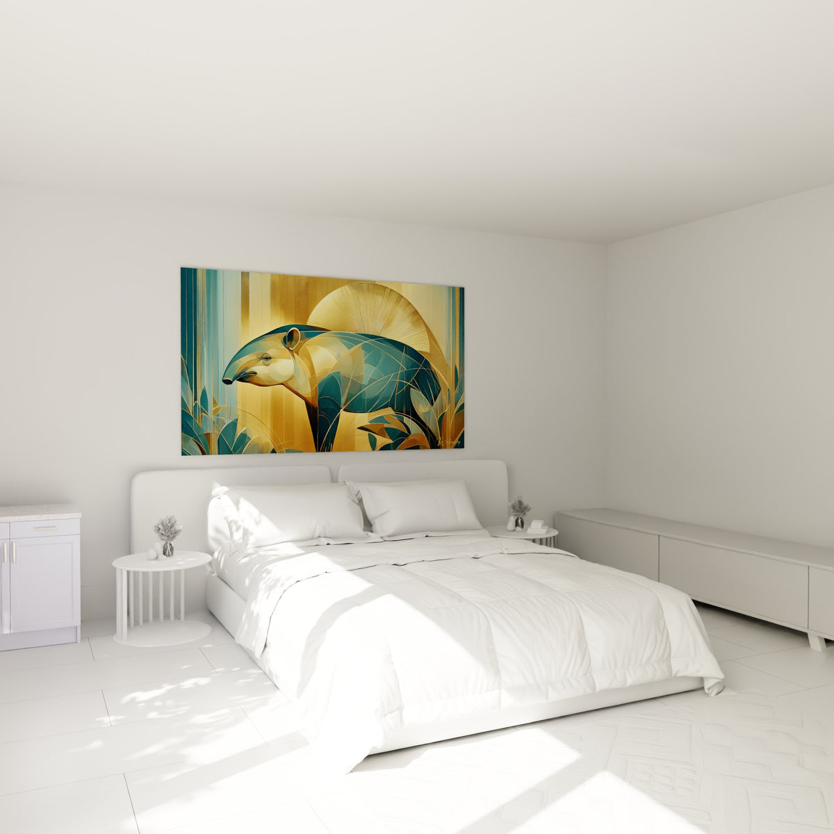 Silhouette de tapir ocre et bleu sarcelle accrochée au-dessus d'un lit dans une chambre claire