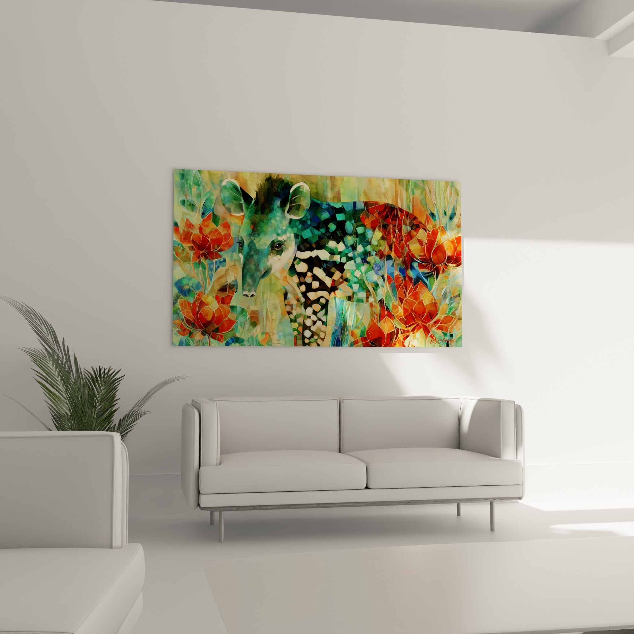 Végétation stylisée et tapir mosaïqué au-dessus d'un canapé dans un salon lumineux