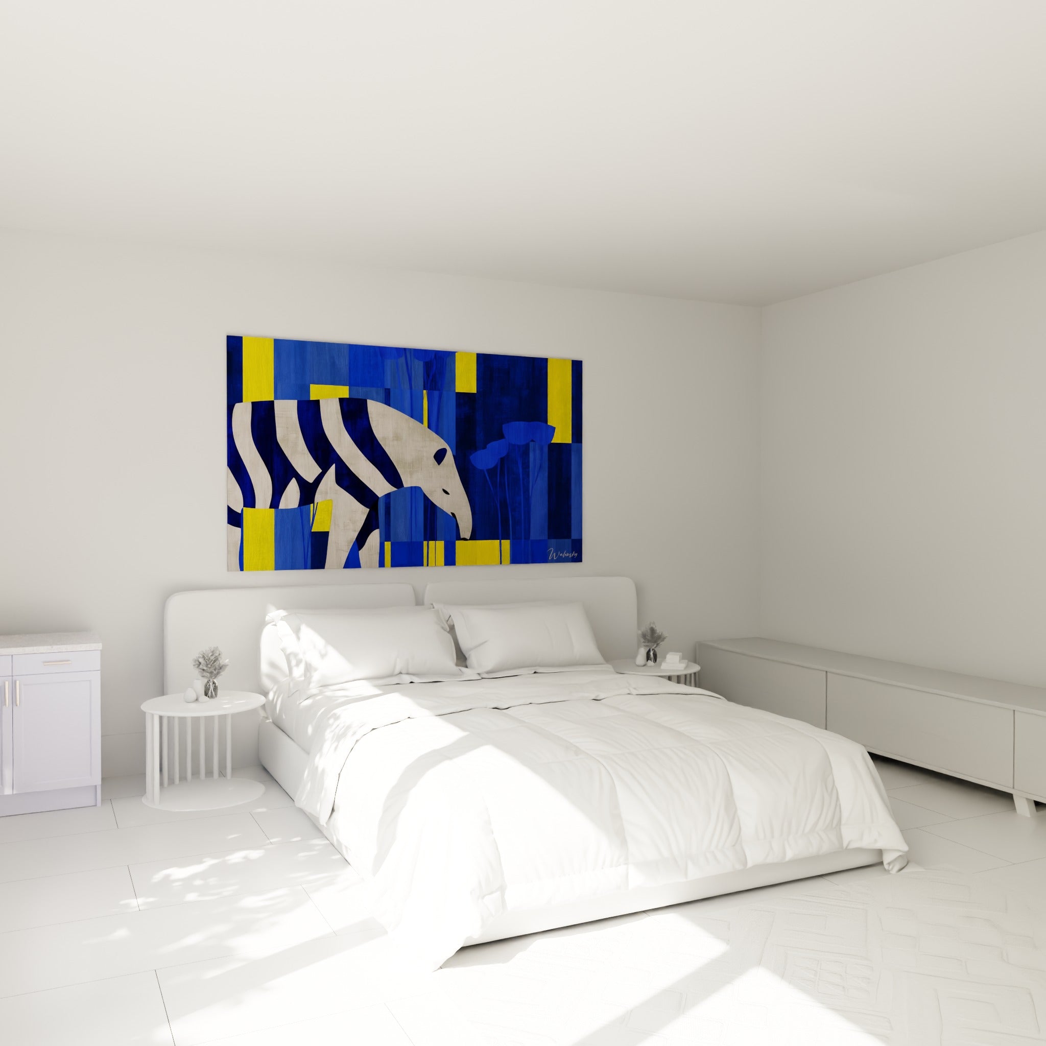 Silhouette de tapir bleu marine et jaune accrochée au-dessus d'un lit dans une chambre claire