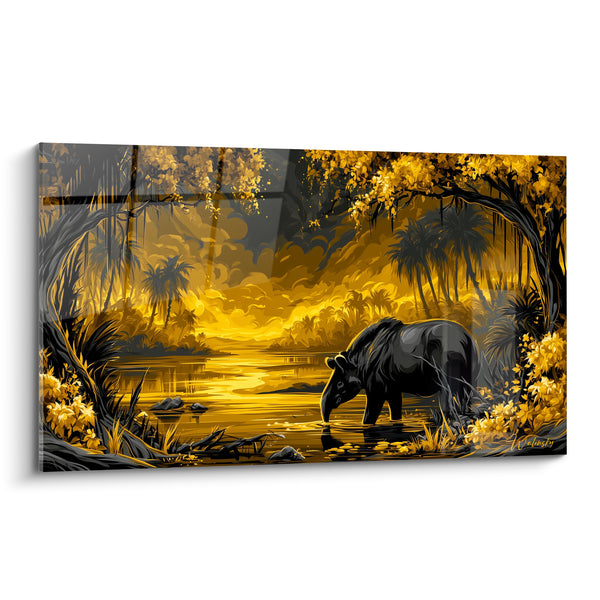 Tableau Tapir noir buvant dans une rivière dorée - Halte au crépuscule - Edition Tapir