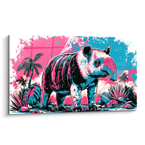 Tapir noir aux touches rose fuchsia et bleu turquoise avancant sur des rochers stylises