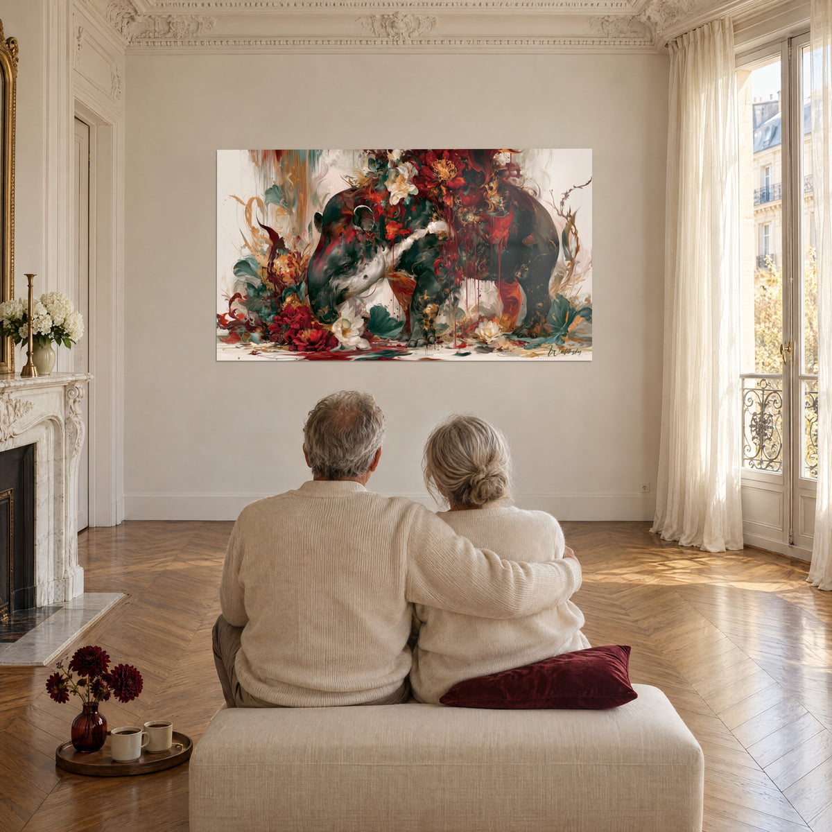 Tableau bête massive couverte de roses rouges et de feuillages verts, éclaboussures cuivrées, un couple de dos assis dans un grand salon