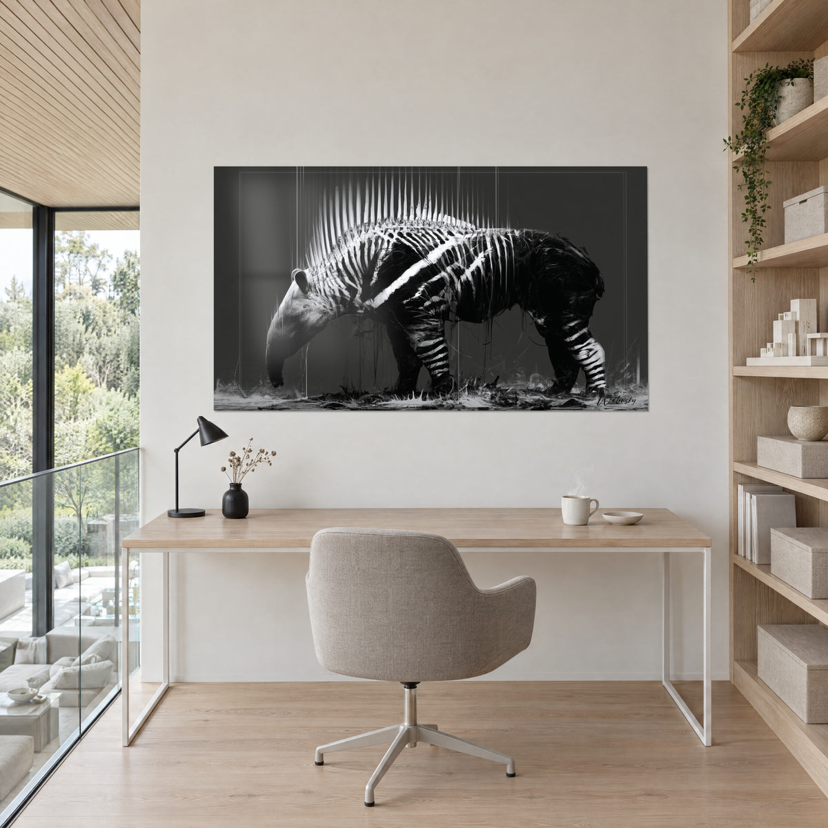 Tableau tapir en encre blanche sur noir, flanc rayé et crinière effilée, mur crème au-dessus d'un bureau en bois clair et d'une étagère