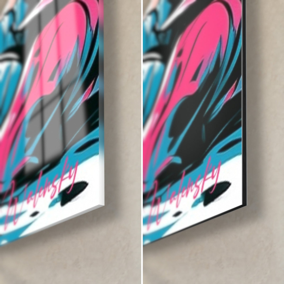 Cuadro tapir pop art, esquina inferior derecha: firma rosa sobre fondo turquesa, cristal brillante a la izquierda, Dibond negro mate a la derecha