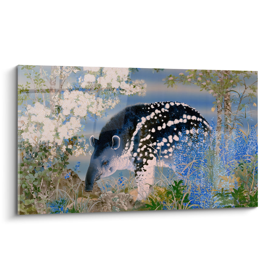 Tableau Tapir noir et blanc mouchetés parmi les fleurs bleues - Grappes de lupins - Edition Tapir