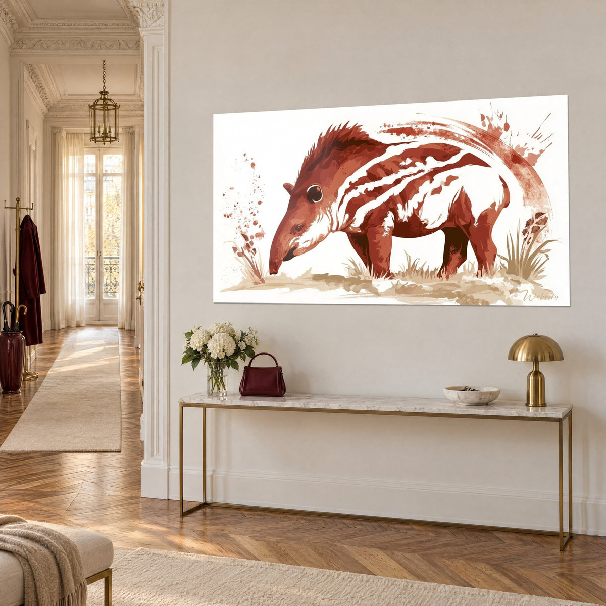 Wall art young striped tapir with a long brown snout, mahogany and cream coat on a white background, gilded console in a Haussmann-style hallway