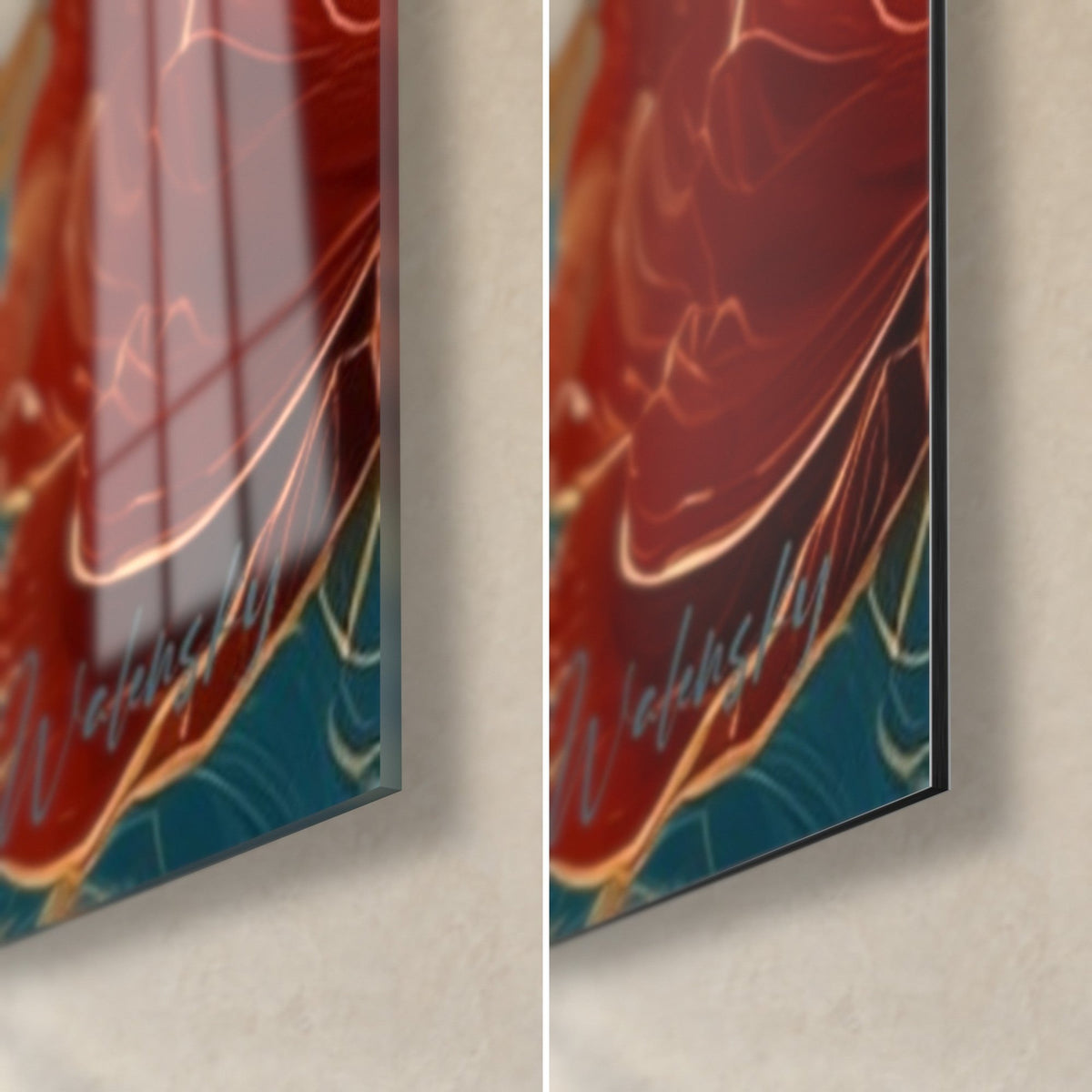 Gemälde Tapir in Elfenbein und Petrolblau, untere rechte Ecke aus glänzendem Acrylglas links, matte Dibond-Alu rechts, 3 mm Stärke