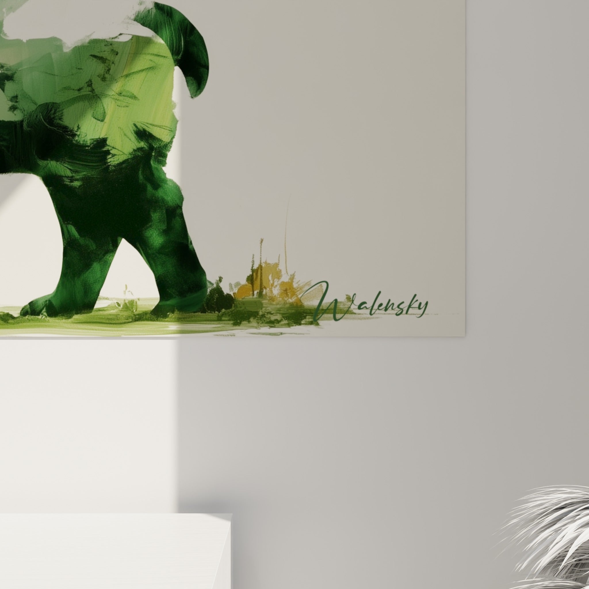 Empâtements verts et blancs se mêlant aux coulures dorées sur la matière de l'impression du tapir