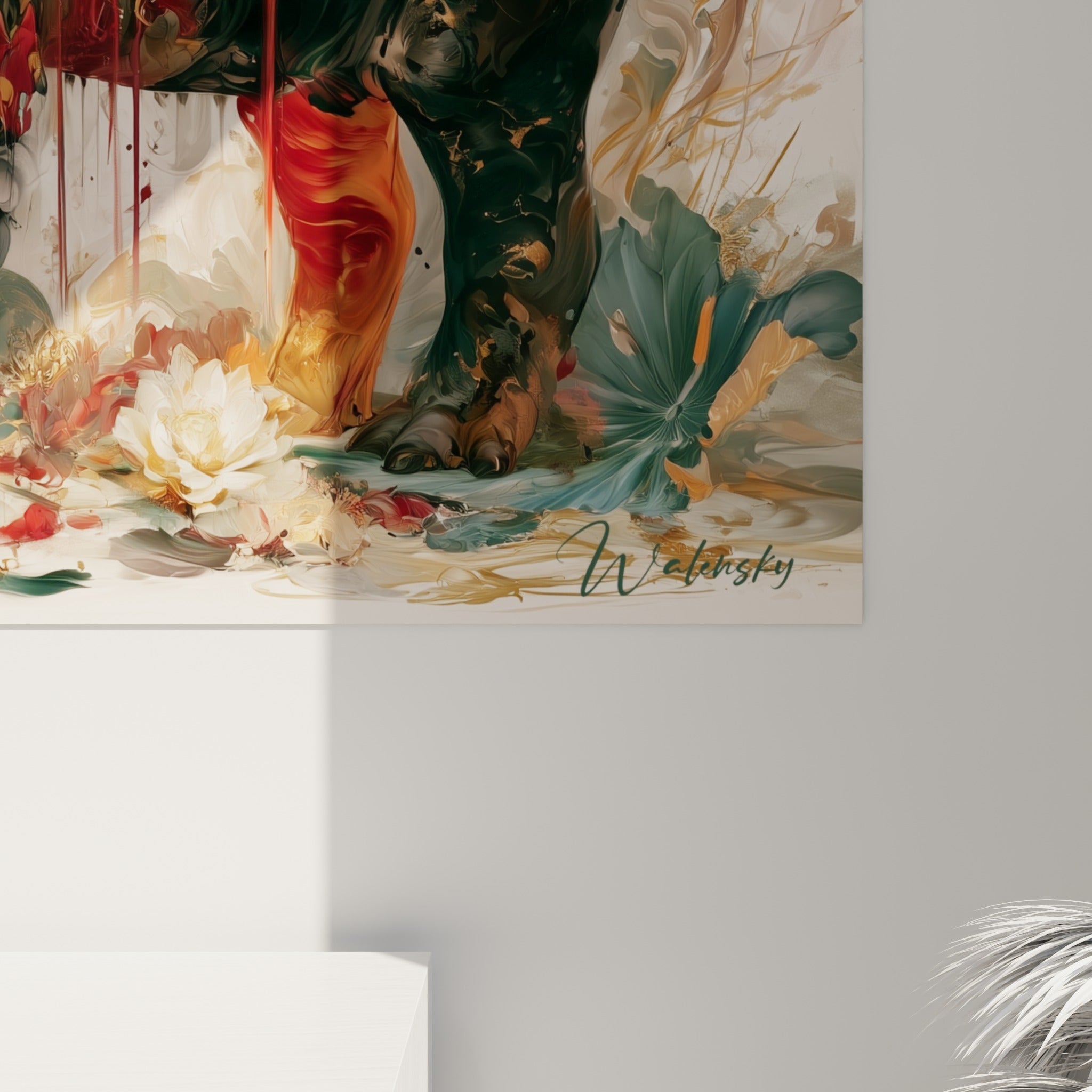 Empâtements de peinture rouge et dorée se mêlant au vert sauge sur la matière imprimée de l'œuvre