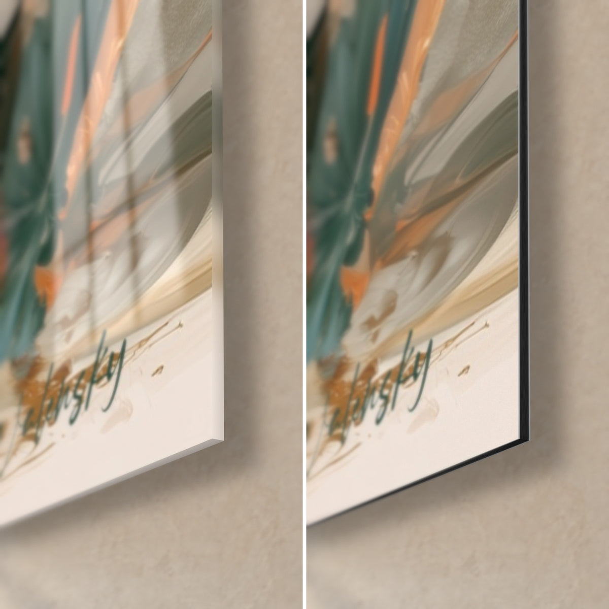 Tableau tapir fleuri, coin bas droit : verre acrylique brillant reflétant, à droite alu Dibond mat beige et signature verte, tranche de 3 mm