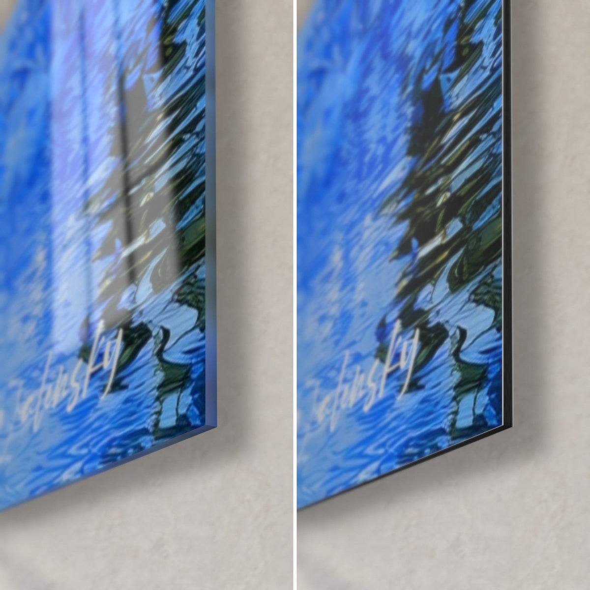 Wall art of a striped tapir in indigo ripples, bottom right corner: glossy acrylic glass on the left, matte Dibond aluminum on the right, 3 mm edge