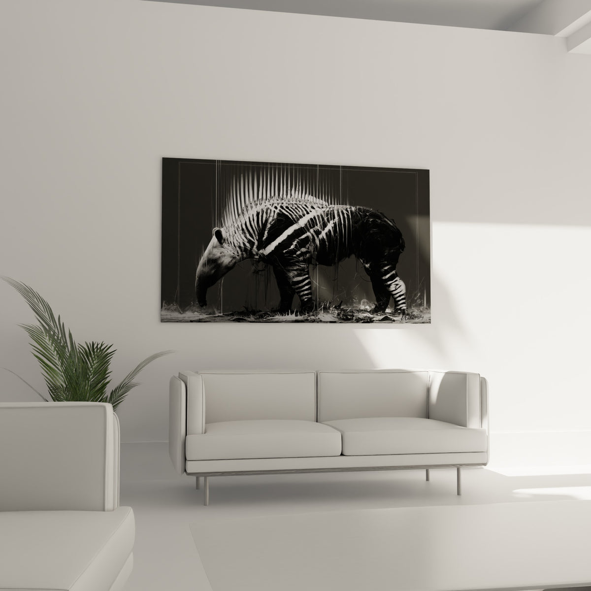 Créature striée de noir profond et blanc éclatant, suspendue au-dessus d'un canapé dans un salon lumineux