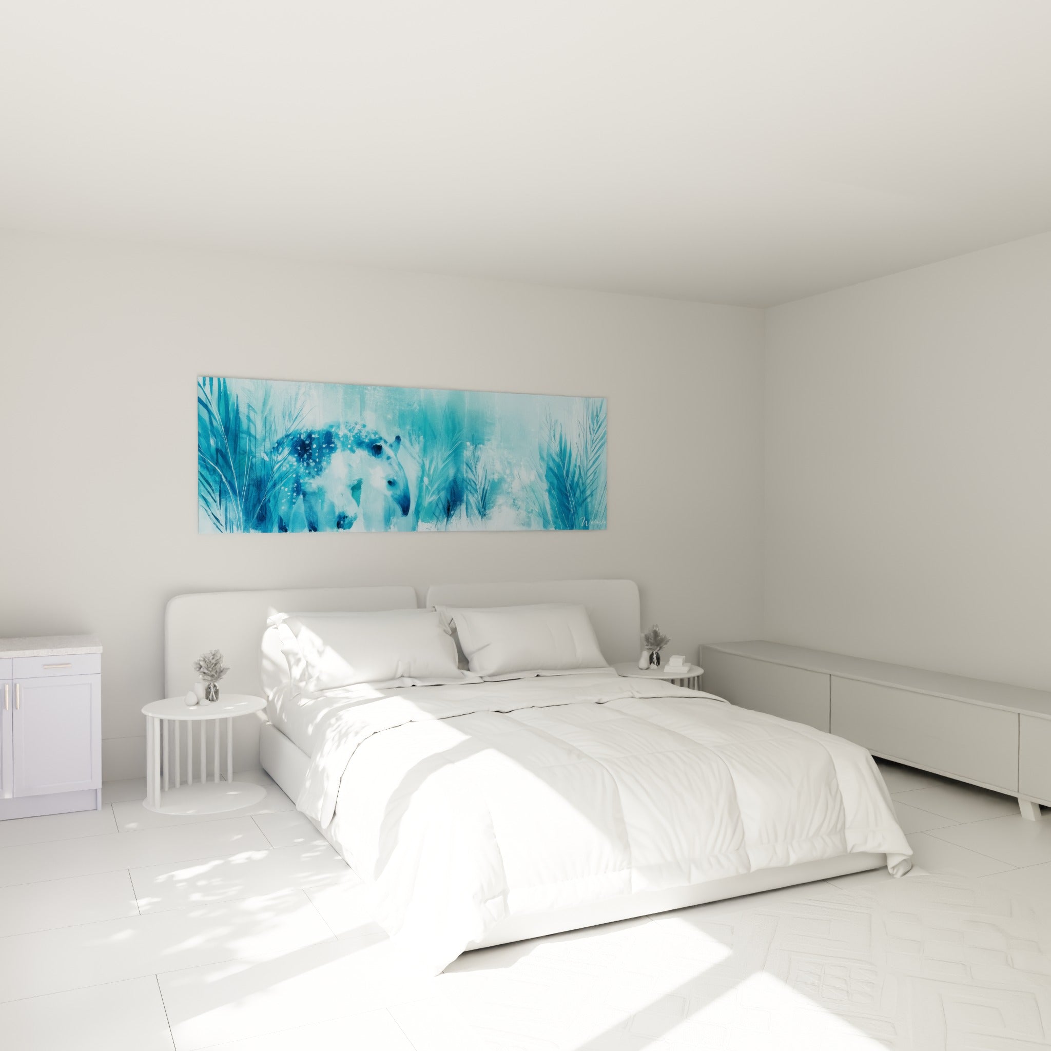 Tapir turquoise et bleu pastel évoluant parmi des herbes stylisées au-dessus d'un lit dans une chambre claire