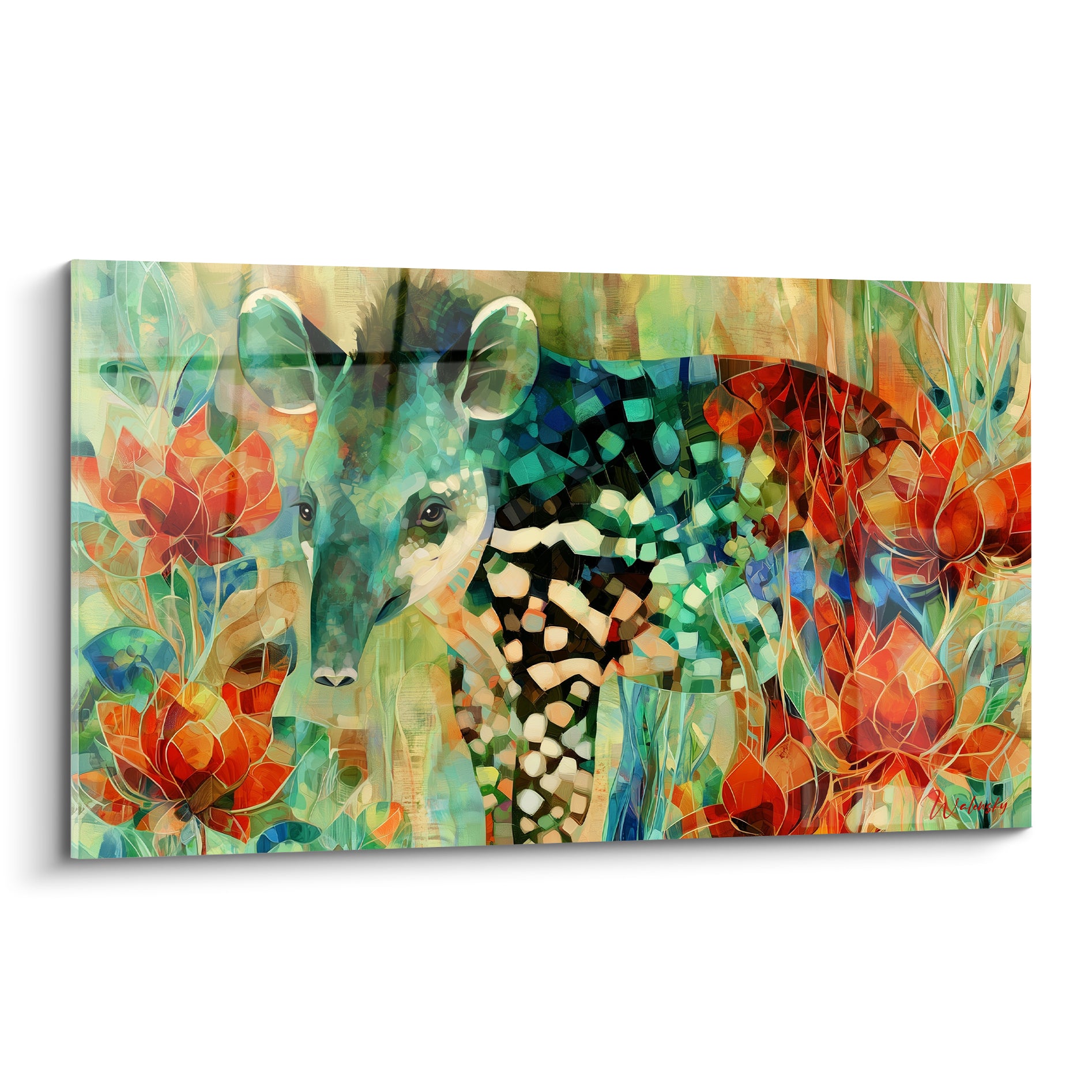 Tapir vert émeraude entouré de fleurs orangées, motif mosaïque et regard doux