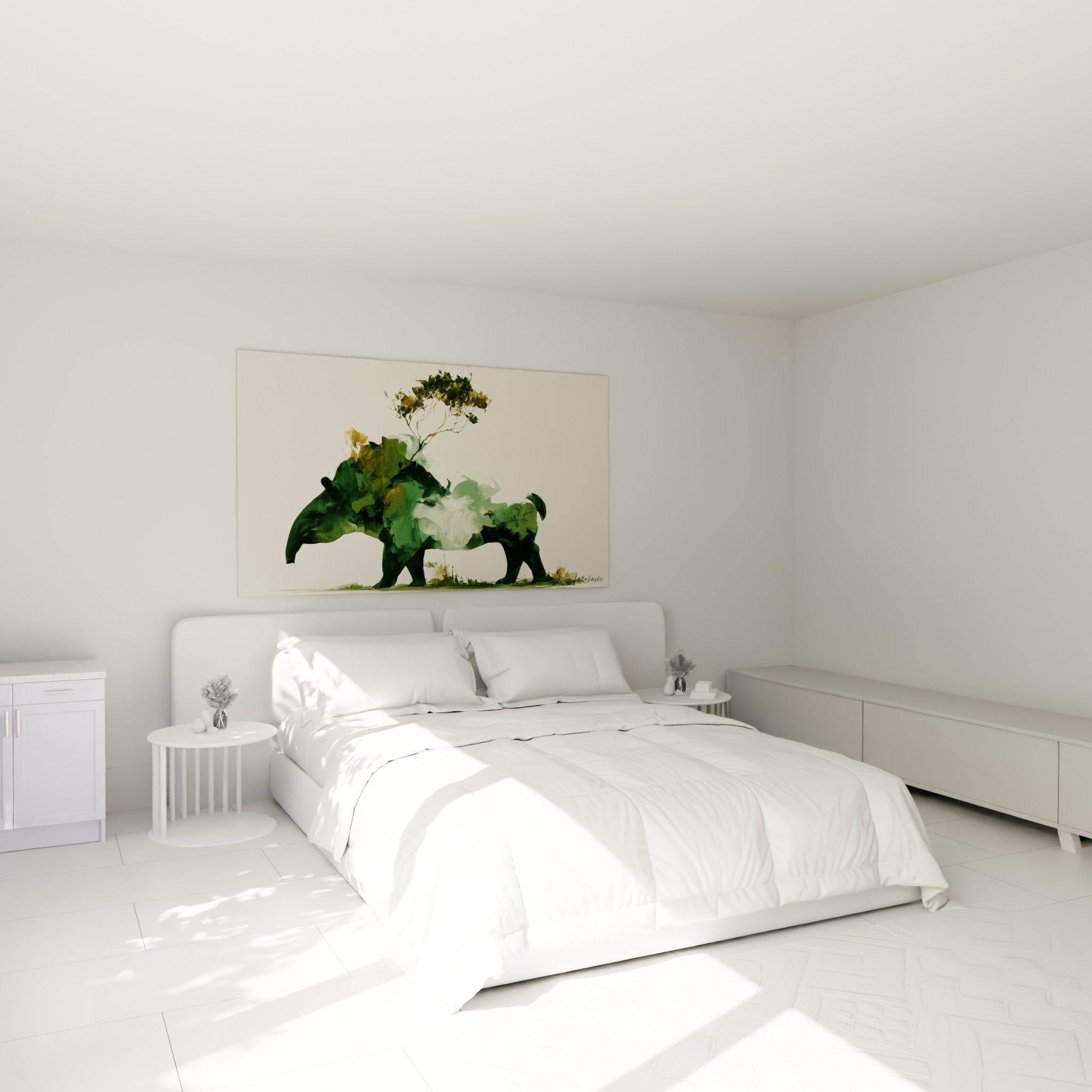 Silhouette de tapir vert sauge et doré au-dessus d'un lit dans une chambre claire