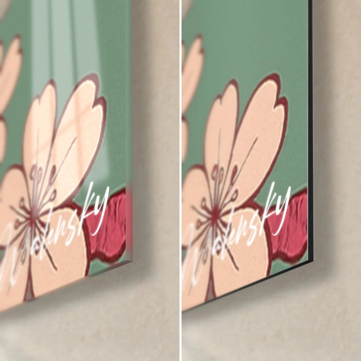 Wall art of a pink-peach cherry blossom framed in burgundy, fine stamens, bottom right corner: glossy glass and matte Dibond