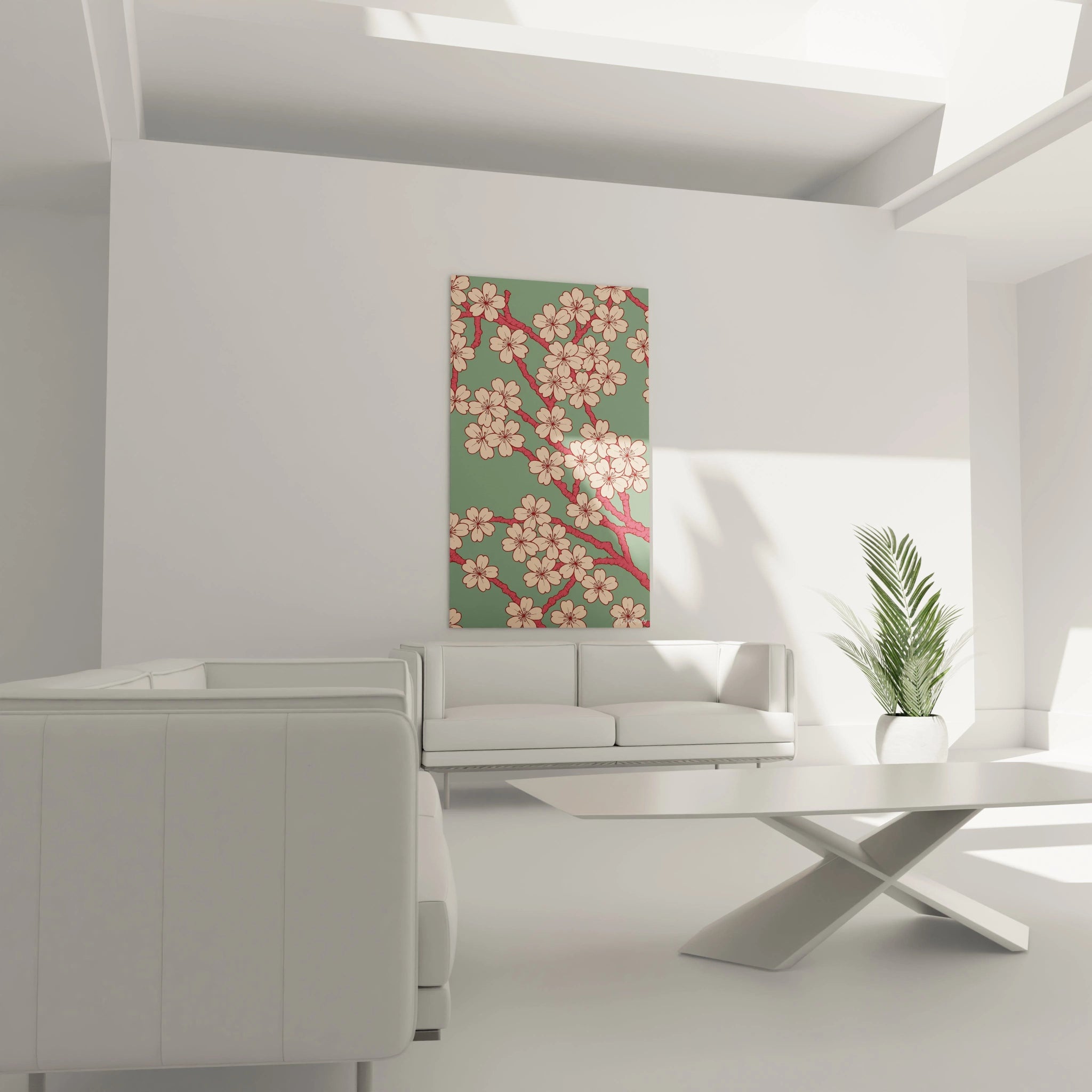 Un tableau japon illustrant des fleurs de cerisier en pleine floraison, avec des branches rouges texturées et des fleurs rose pâle aux contours bordeaux, formant un motif élégant et répétitif sur fond vert.
