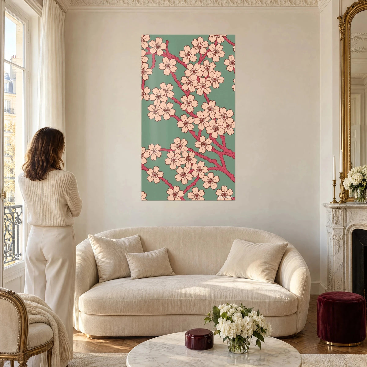 Wall art of pink-peach cherry blossoms on a sage green background, crimson branches, a woman seen from behind, above a sofa in a bright living room