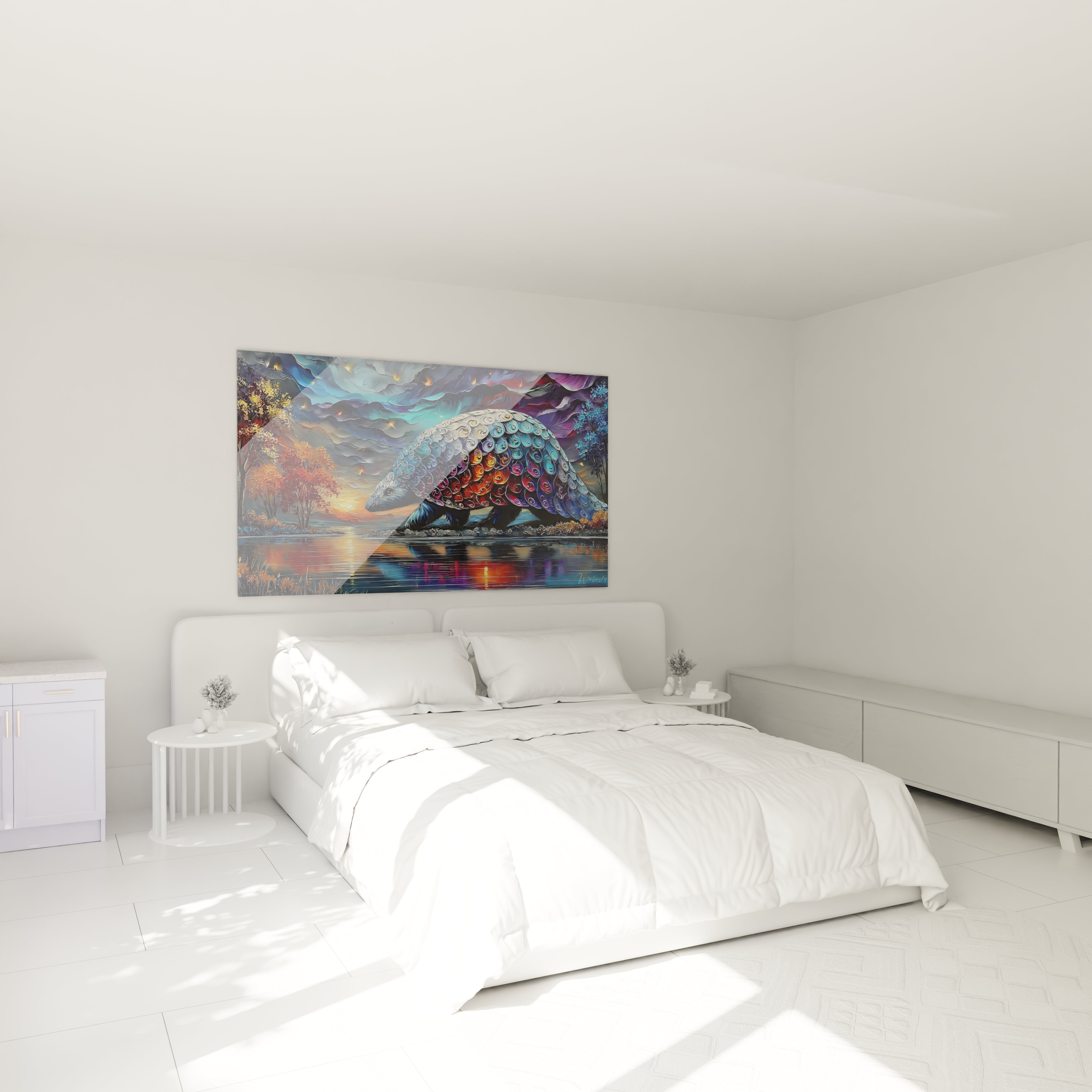 Décoration murale tatou fantastique art digital installée dans une chambre moderne ambiance cosy