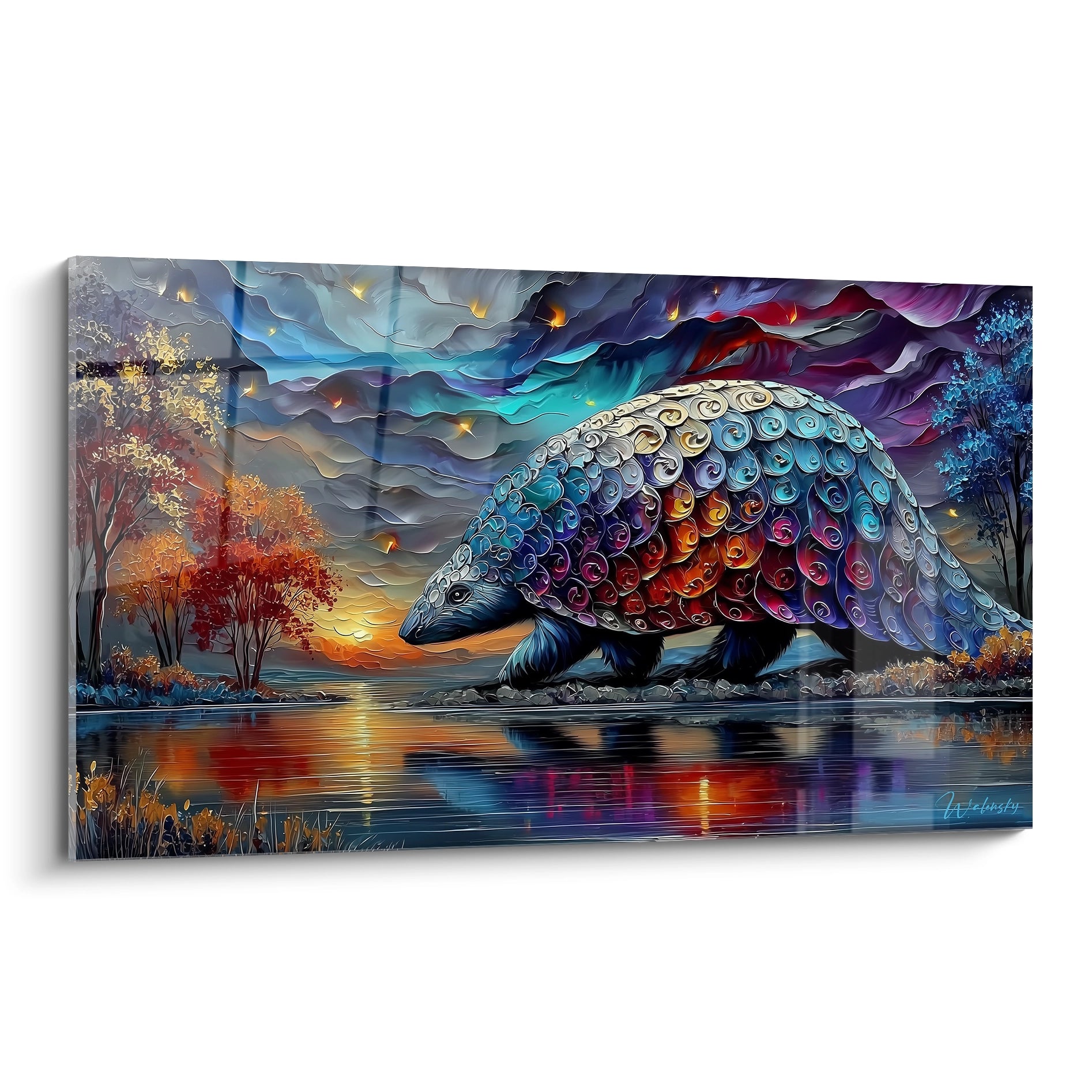 Tableau mural tatou fantastique aux écailles multicolores se reflétant dans un lac au coucher de soleil