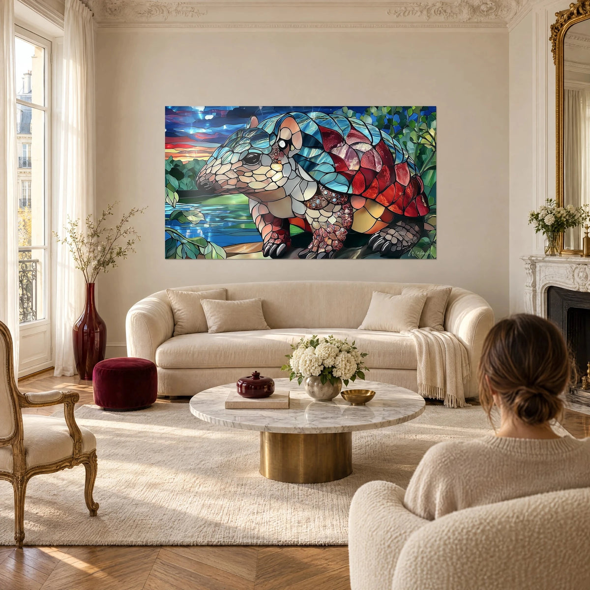 Tableau glyptodon en vitrail, carapace bleu turquoise et rouge bordeaux, ciel crépusculaire, au-dessus d'un canapé dans un salon lumineux