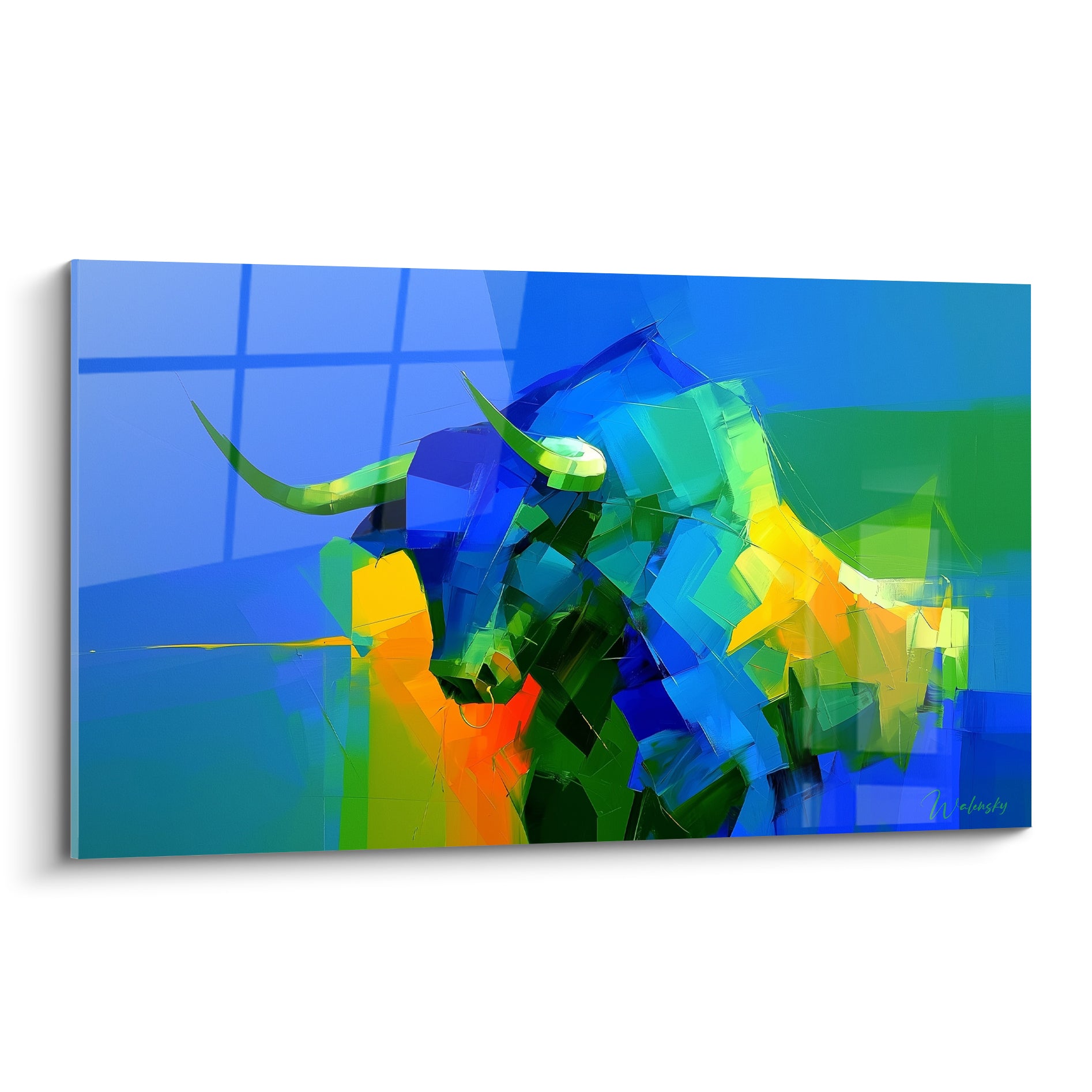 Taureau abstrait aux cornes vertes, peinture bleue, verte et orangée aux formes géométriques