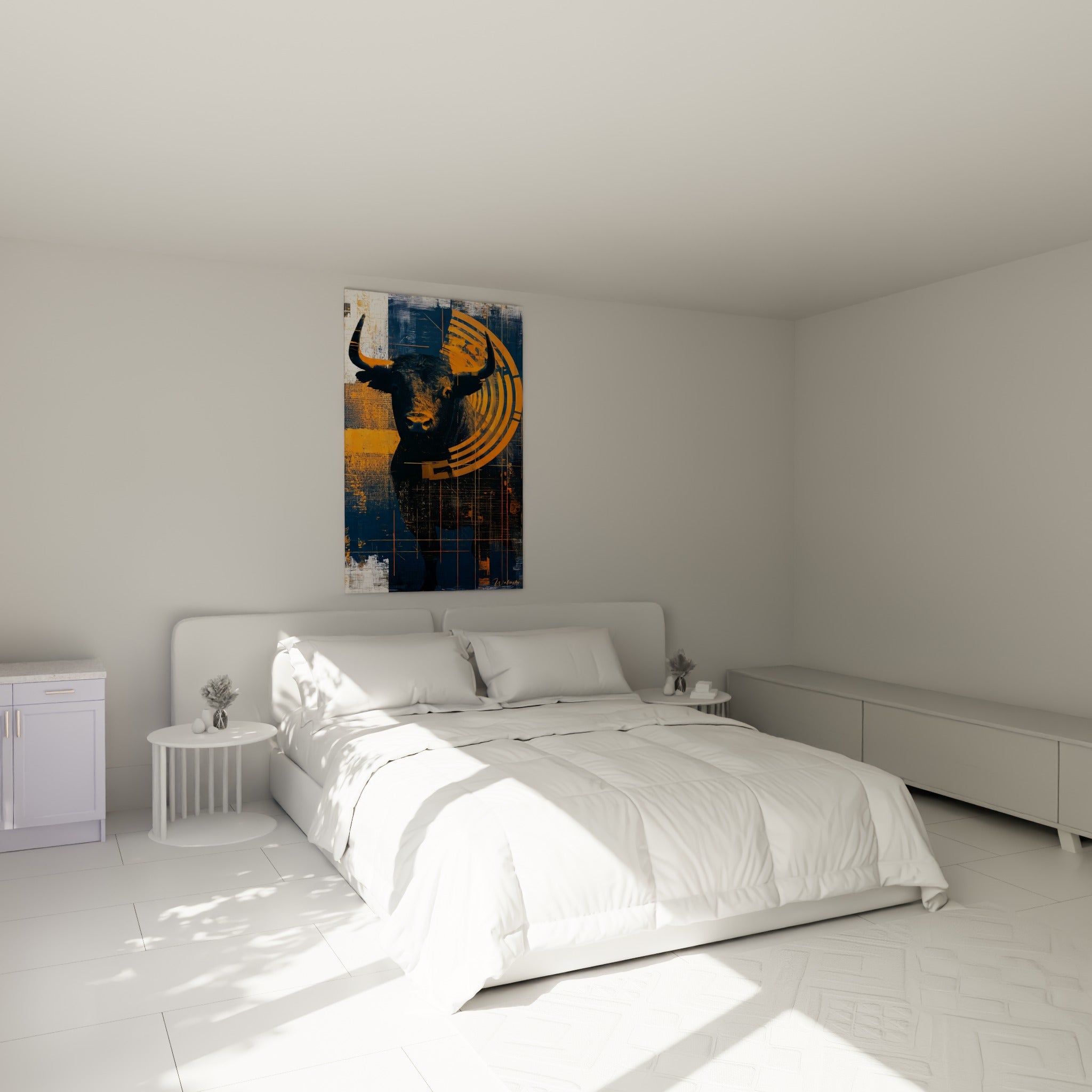 Silhouette de Taureau anthracite et ocre accrochée au-dessus d'un lit dans une chambre claire