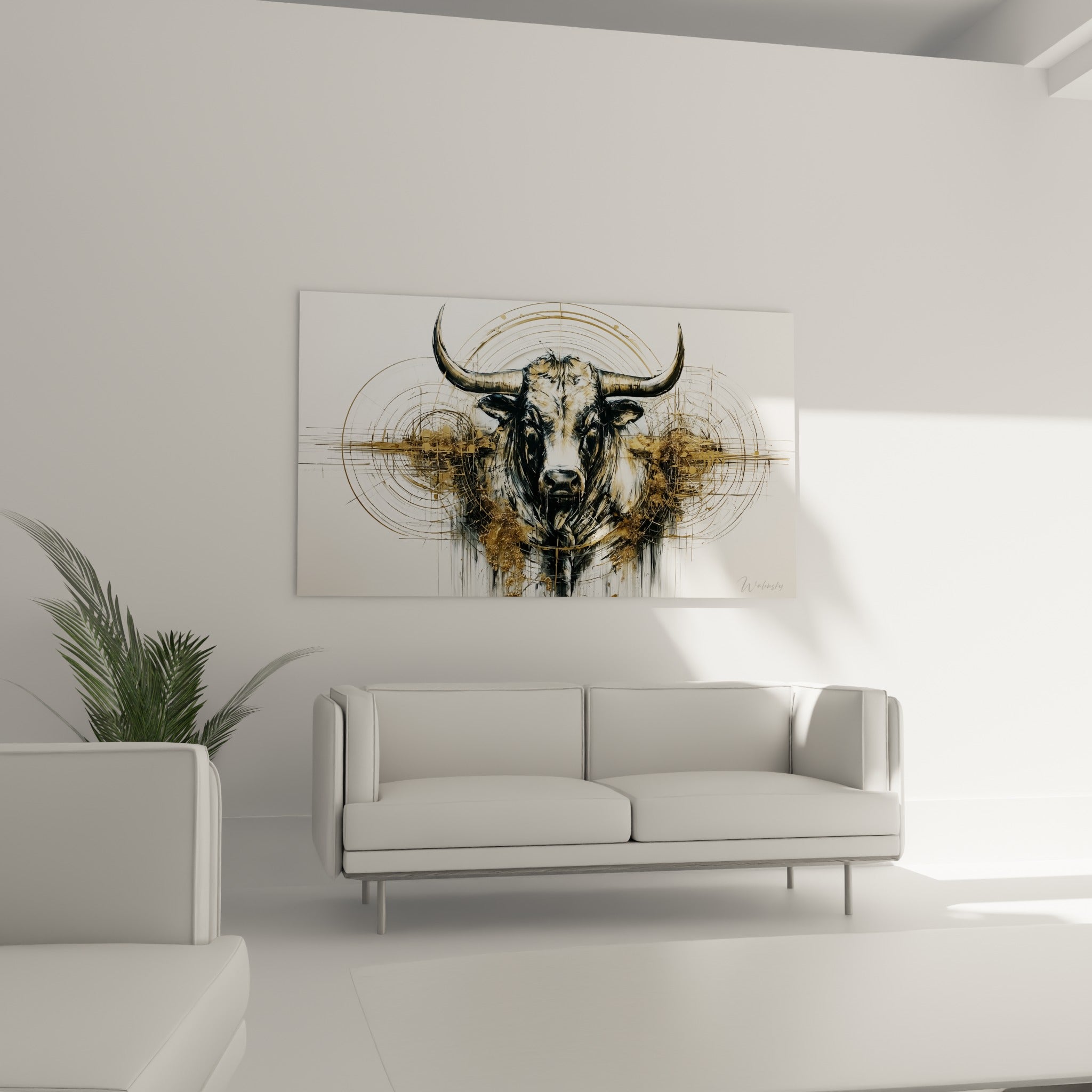 Regard fixe du taureau anthracite et doré, composition circulaire, au-dessus d'un canapé dans un salon lumineux