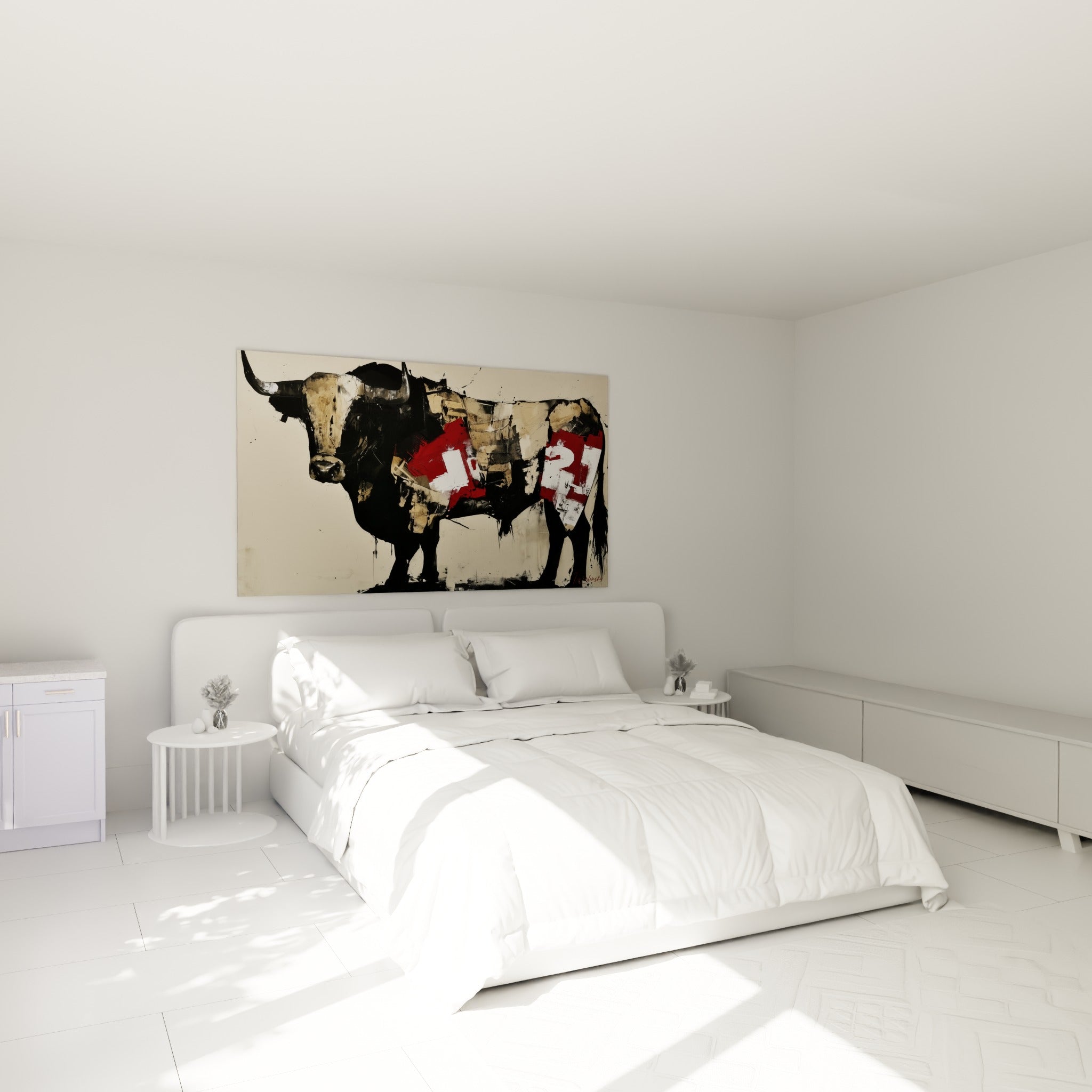 Silhouette de taureau anthracite et rouge accrochée au-dessus d'un lit dans une chambre claire