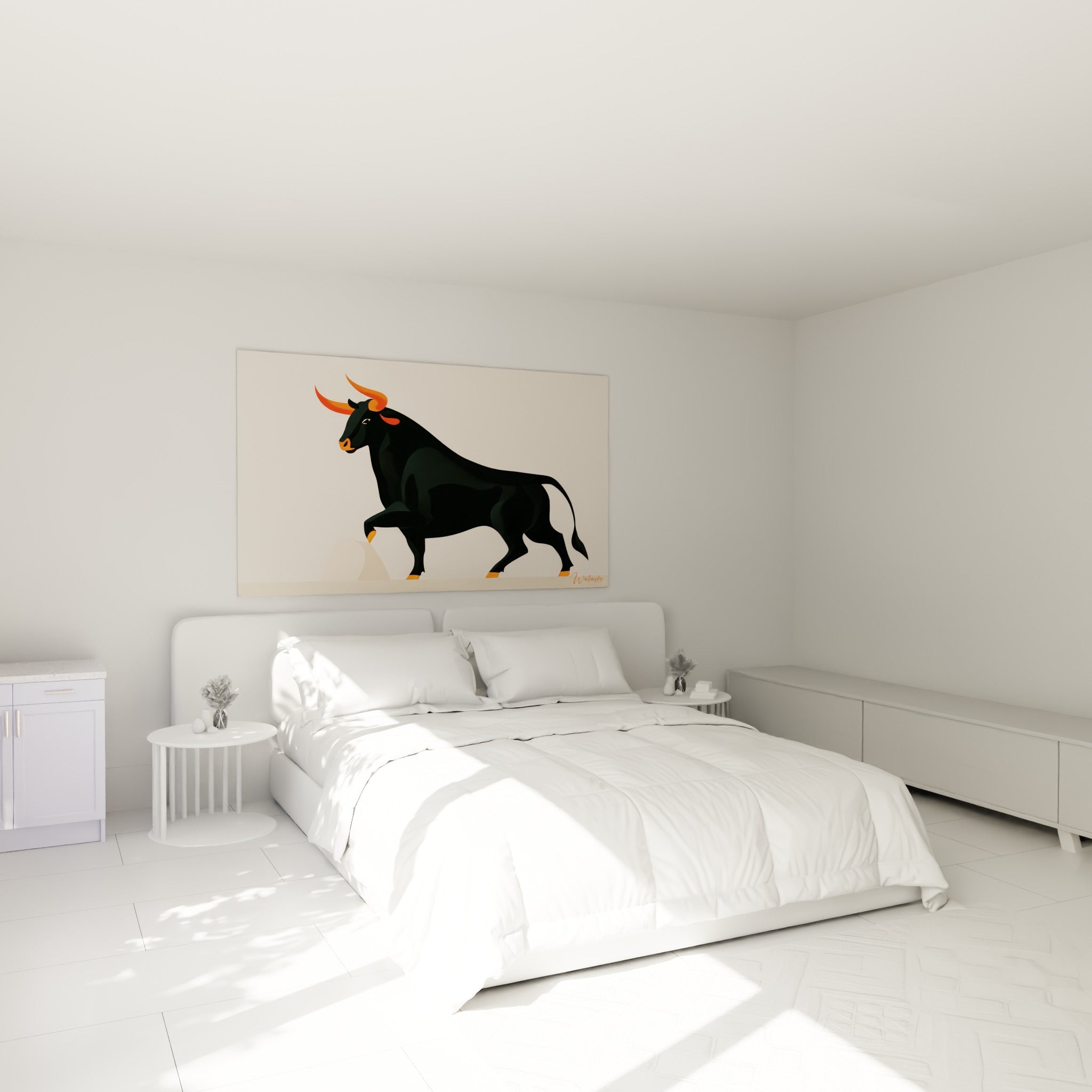 Silhouette de taureau noir et orange accrochée au-dessus d'un lit dans une chambre claire