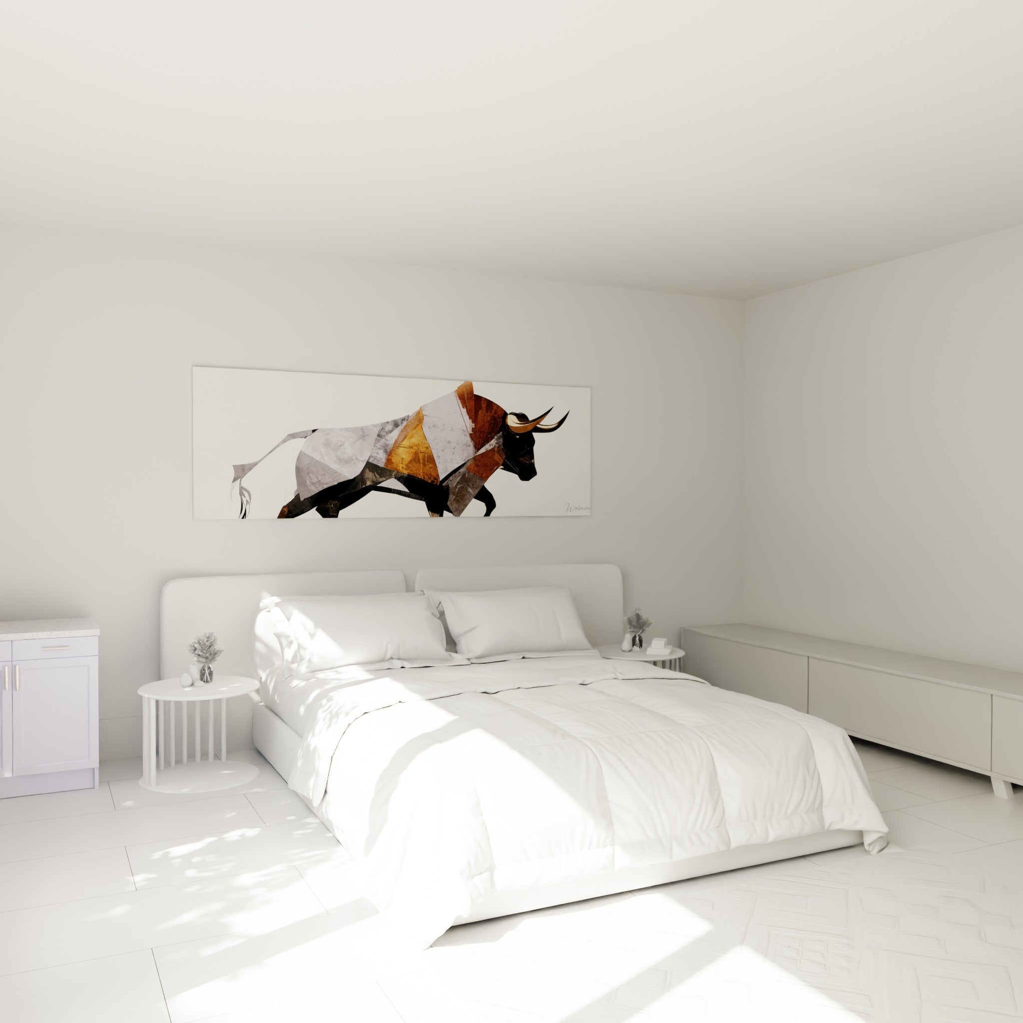 Silhouette animale cuivrée et anthracite en mouvement, accrochée au-dessus d'un lit dans une chambre claire