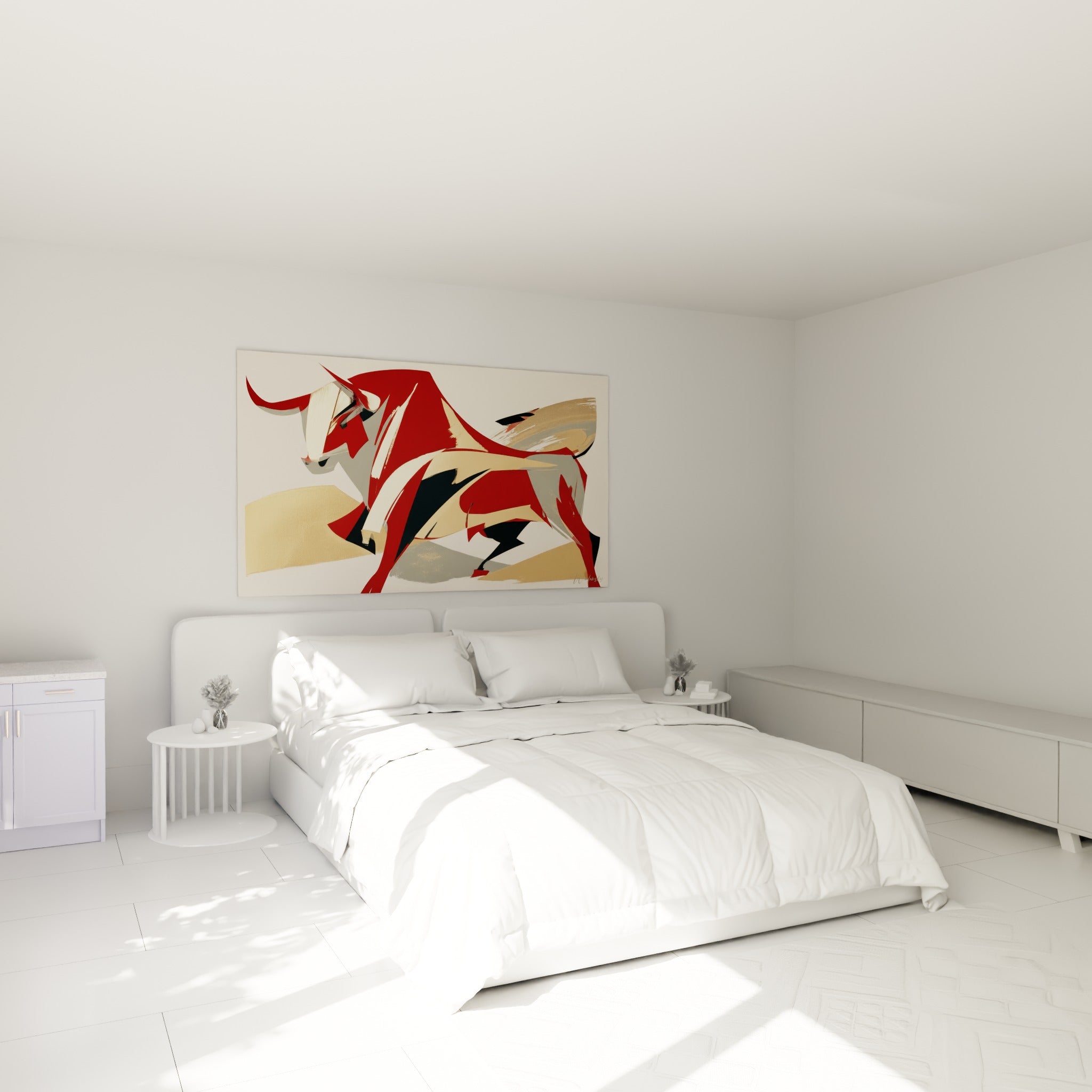 Silhouette de taureau anthracite et rouge, cornes dressées, au-dessus d'un lit dans une chambre claire