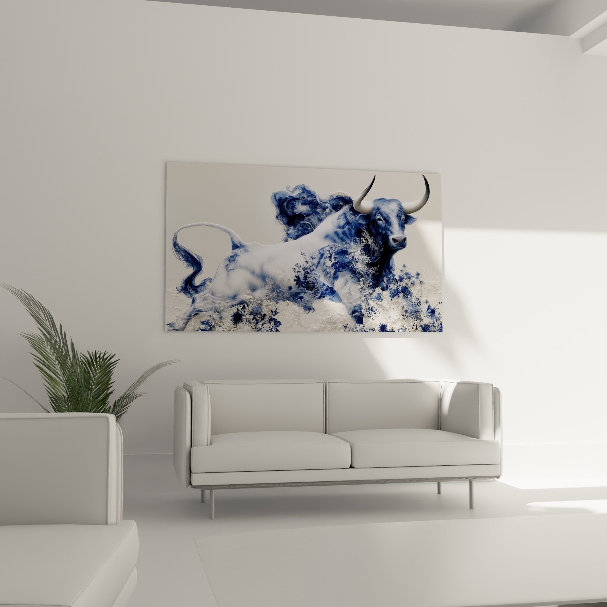 Taureau enveloppé de fumée anthracite et fleurs blanches au-dessus d'un canapé dans un salon lumineux