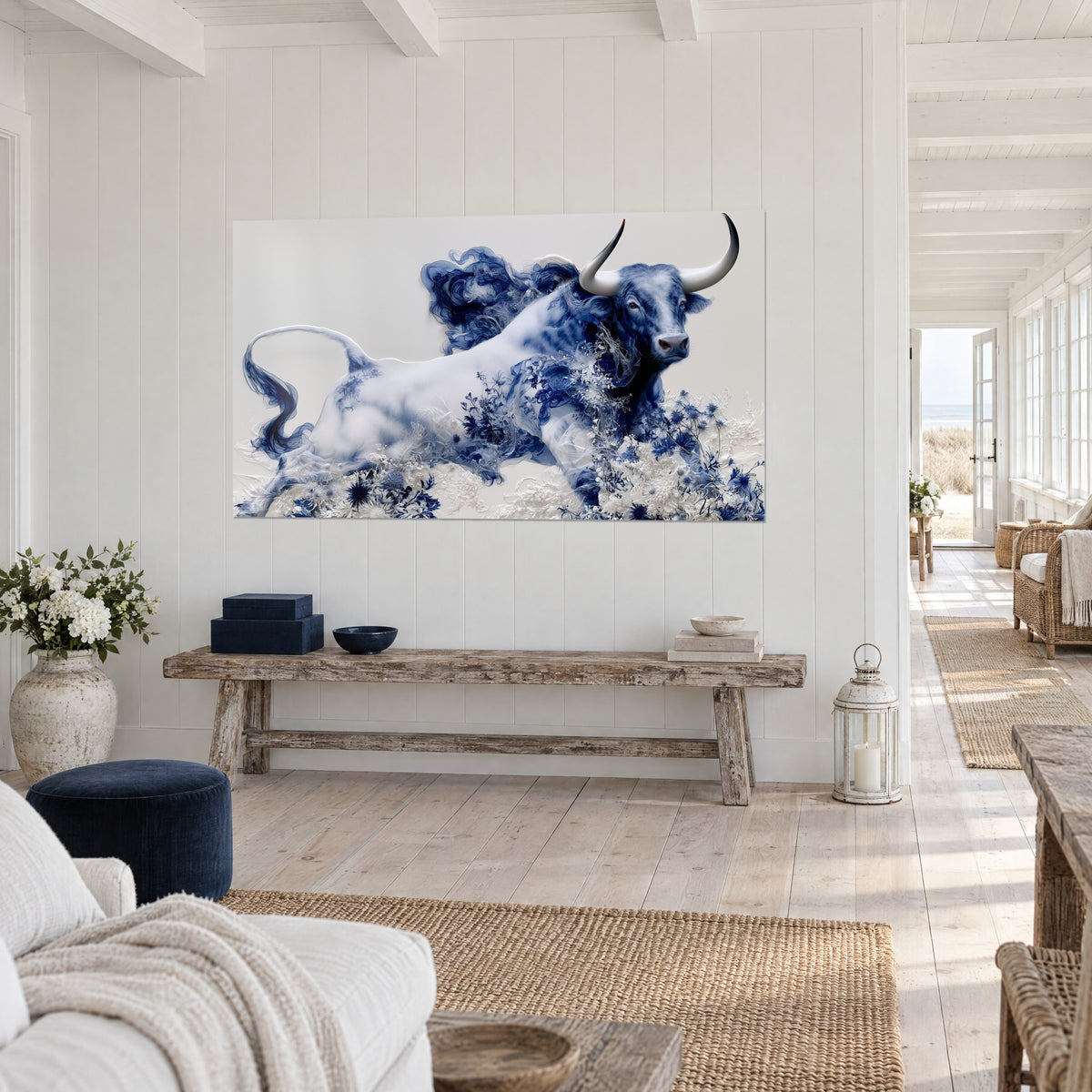 Wall art bull with curved horns, pearly white flanks, wavy navy blue tail and frosted flowers, rough wooden console