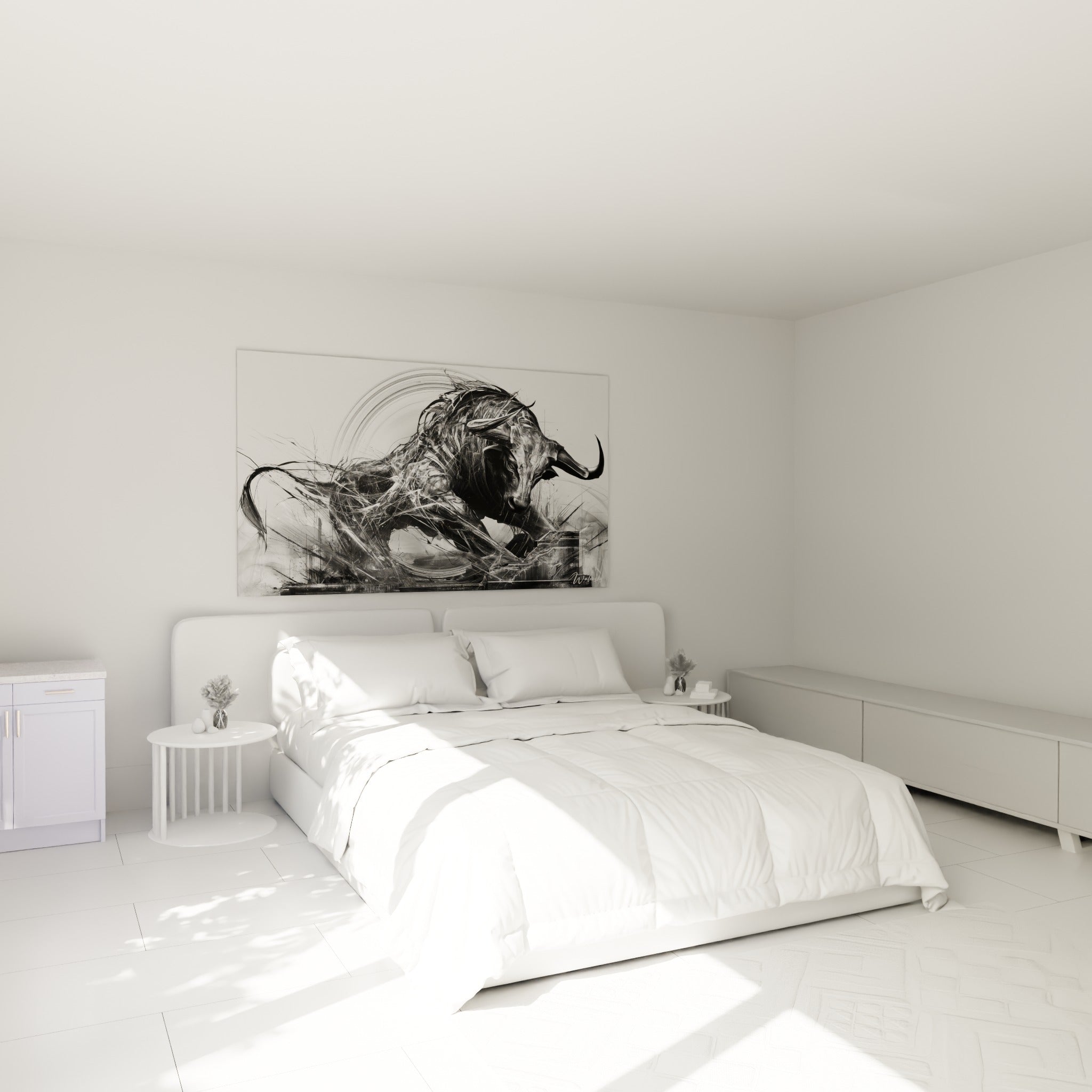 Cornes acérées et musculature graphique du taureau anthracite au-dessus d'un lit dans une chambre claire