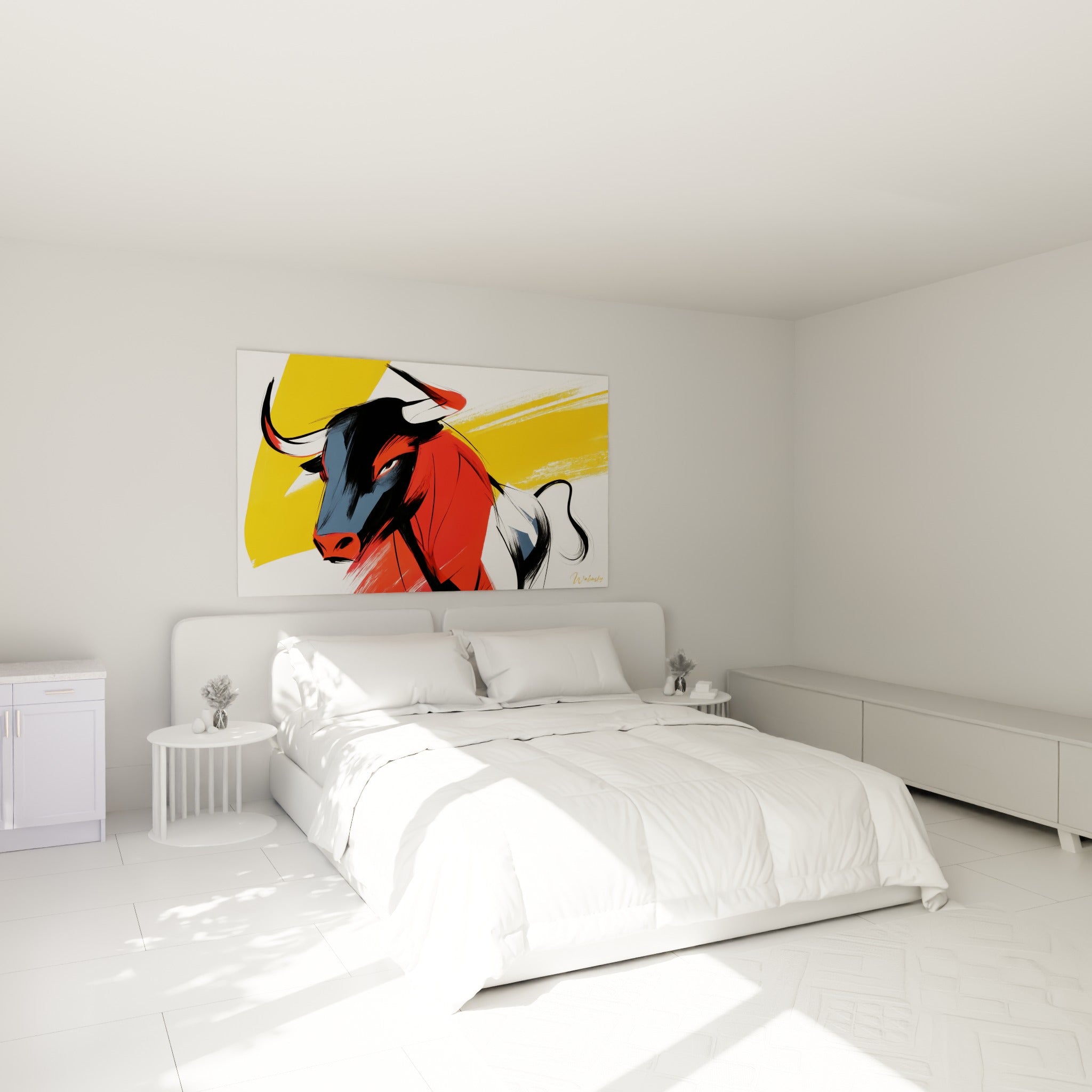 Puissance rouge et anthracite du taureau accrochée au-dessus d'un lit dans une chambre claire.