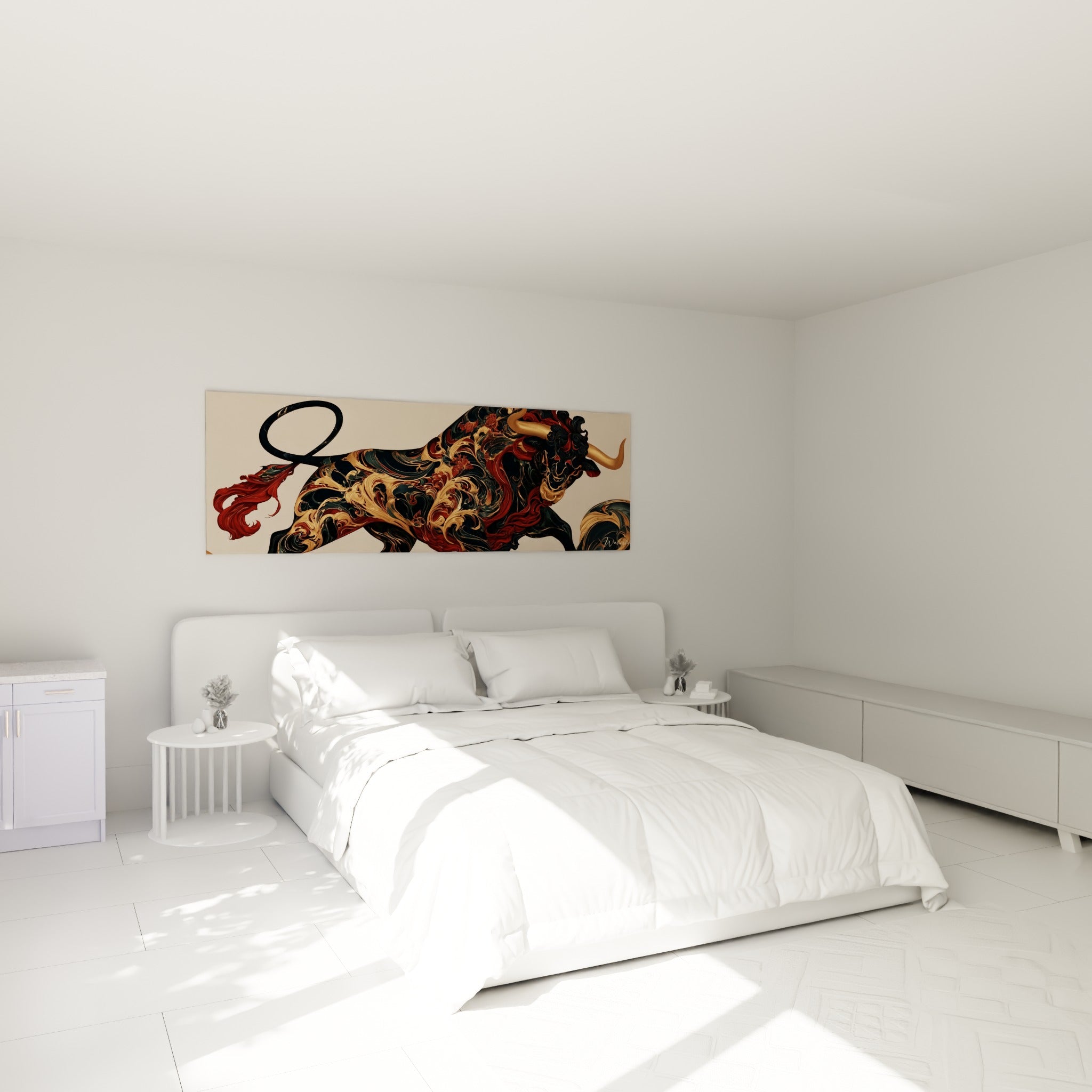 Silhouette anthracite et dorée du Taureau au-dessus d'un lit dans une chambre claire