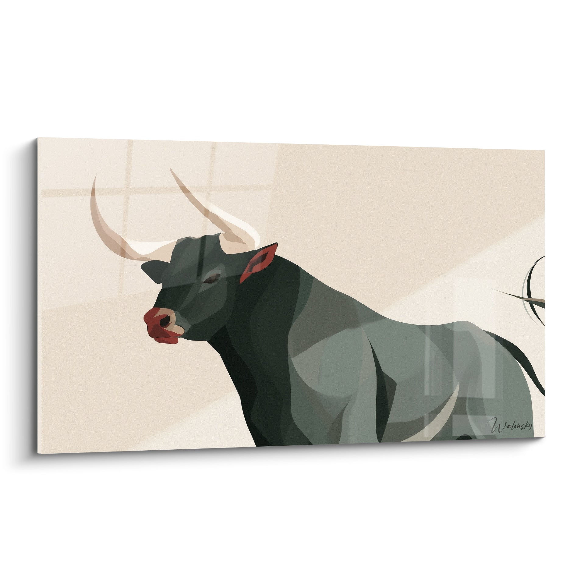 Taureau anthracite aux cornes ivoire et museau rouge sur fond beige minimaliste