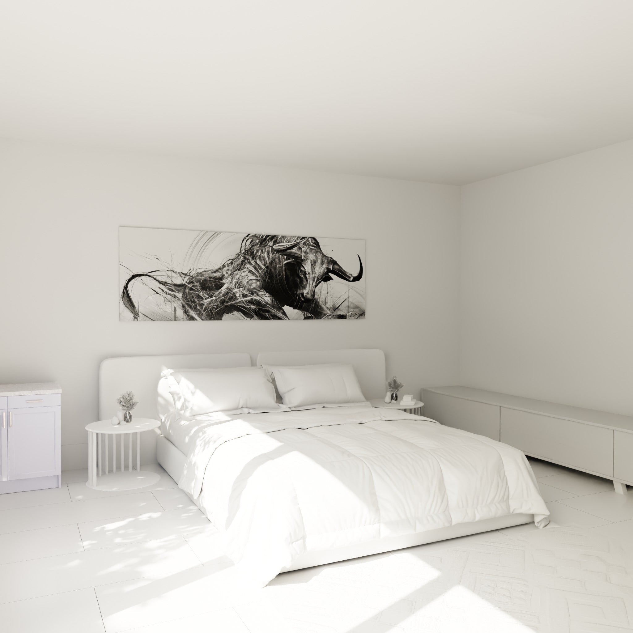 Silhouette de taureau anthracite et blanc au-dessus d'un lit dans une chambre claire