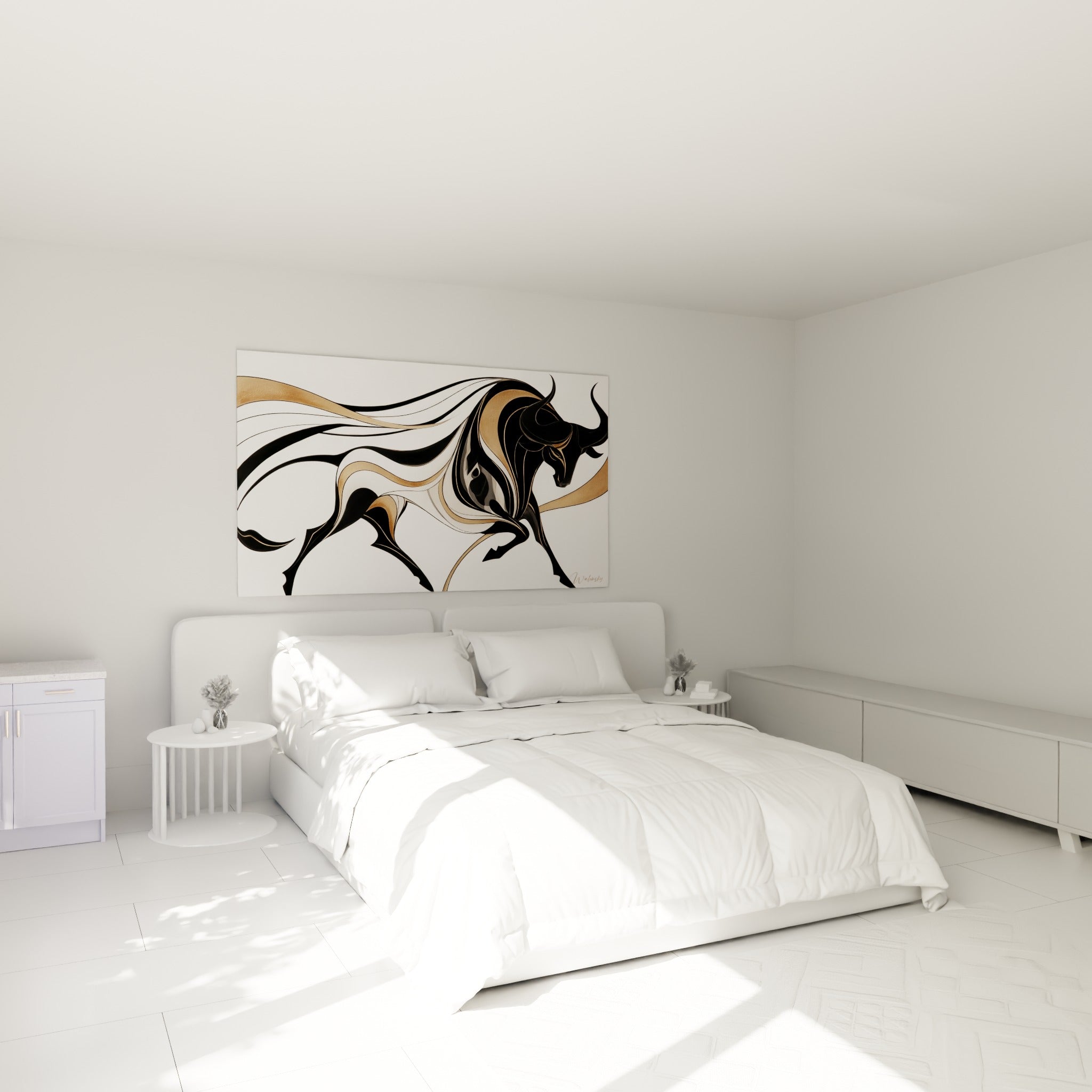 Silhouette élancée du taureau doré et anthracite au-dessus d'un lit dans une chambre claire
