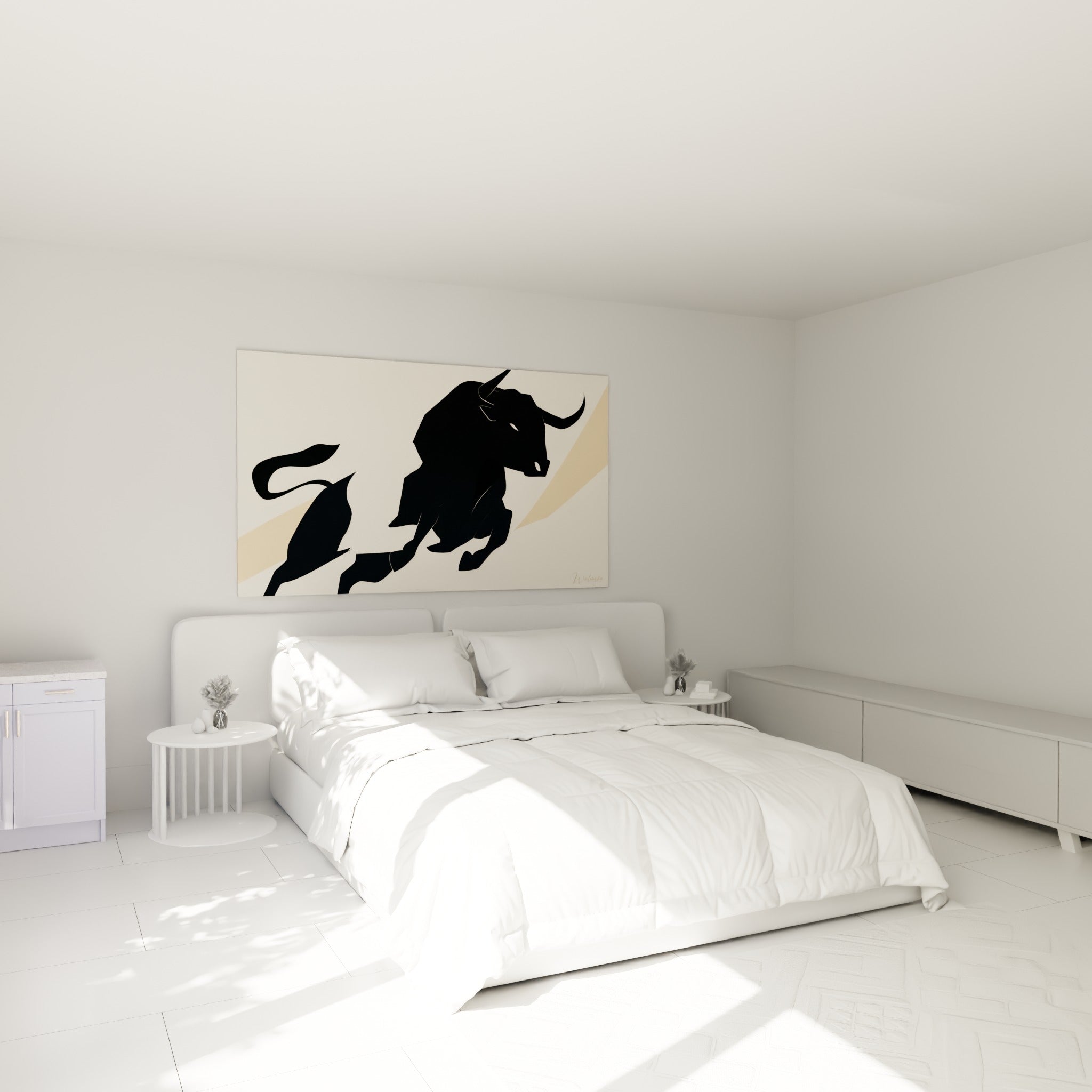 Silhouette de taureau noir bondissante sur fond sable, au-dessus d'un lit dans une chambre claire