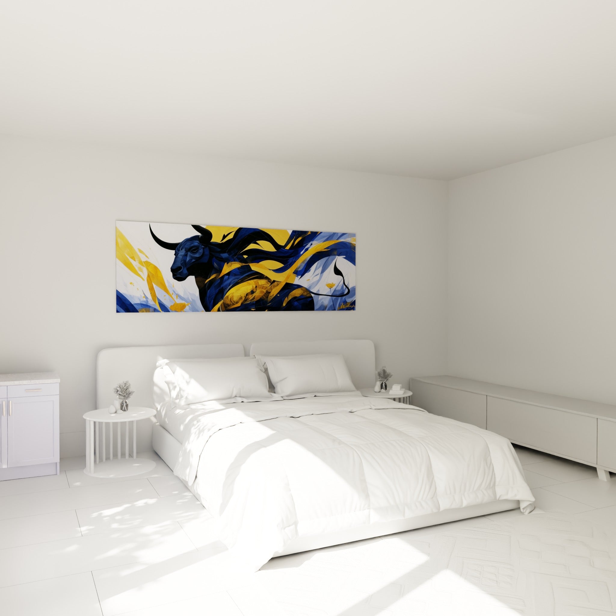 Silhouette de taureau anthracite et doré au-dessus d'un lit dans une chambre claire