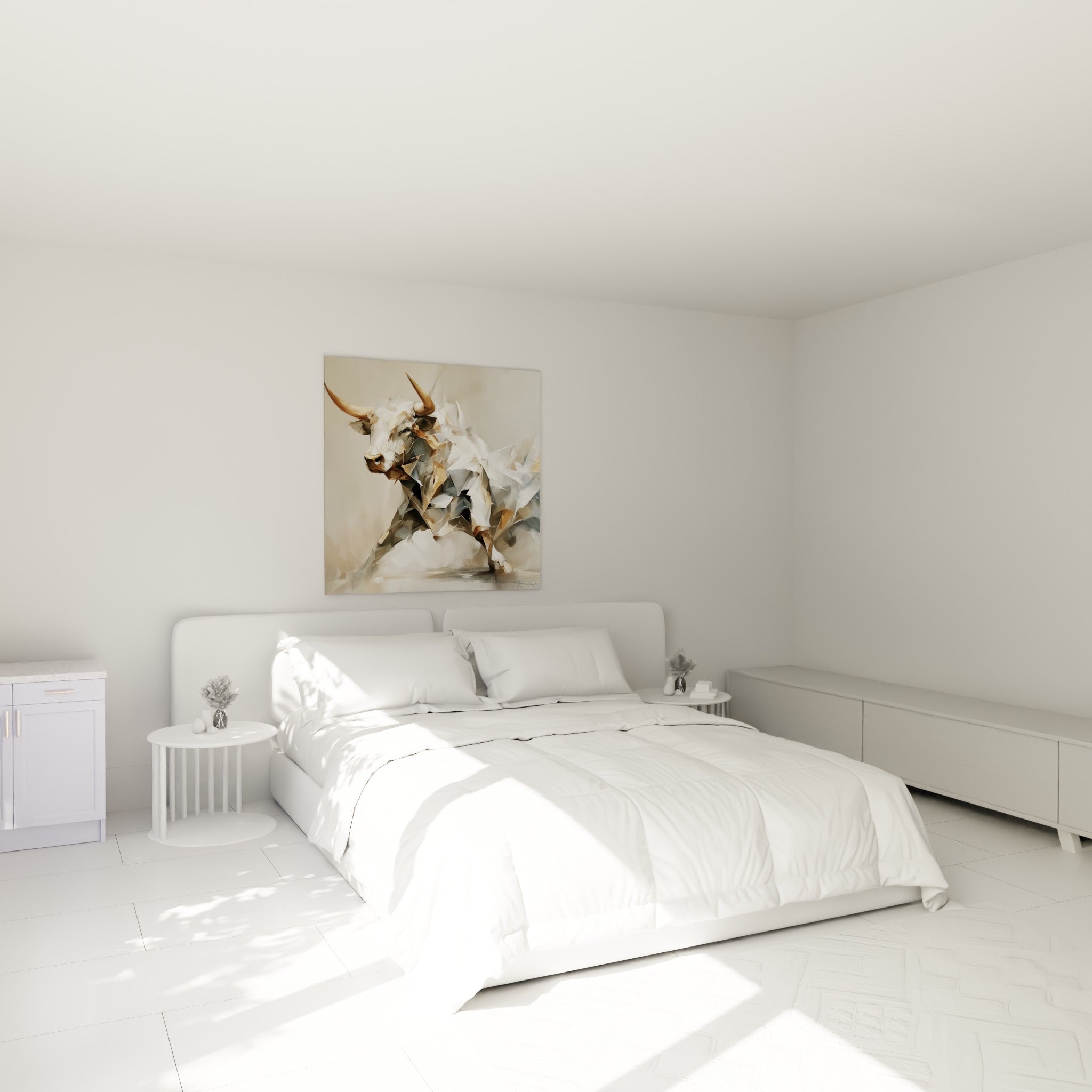 Silhouette de taureau doré et blanc fragmenté, cornes acérées, au-dessus d'un lit dans une chambre claire