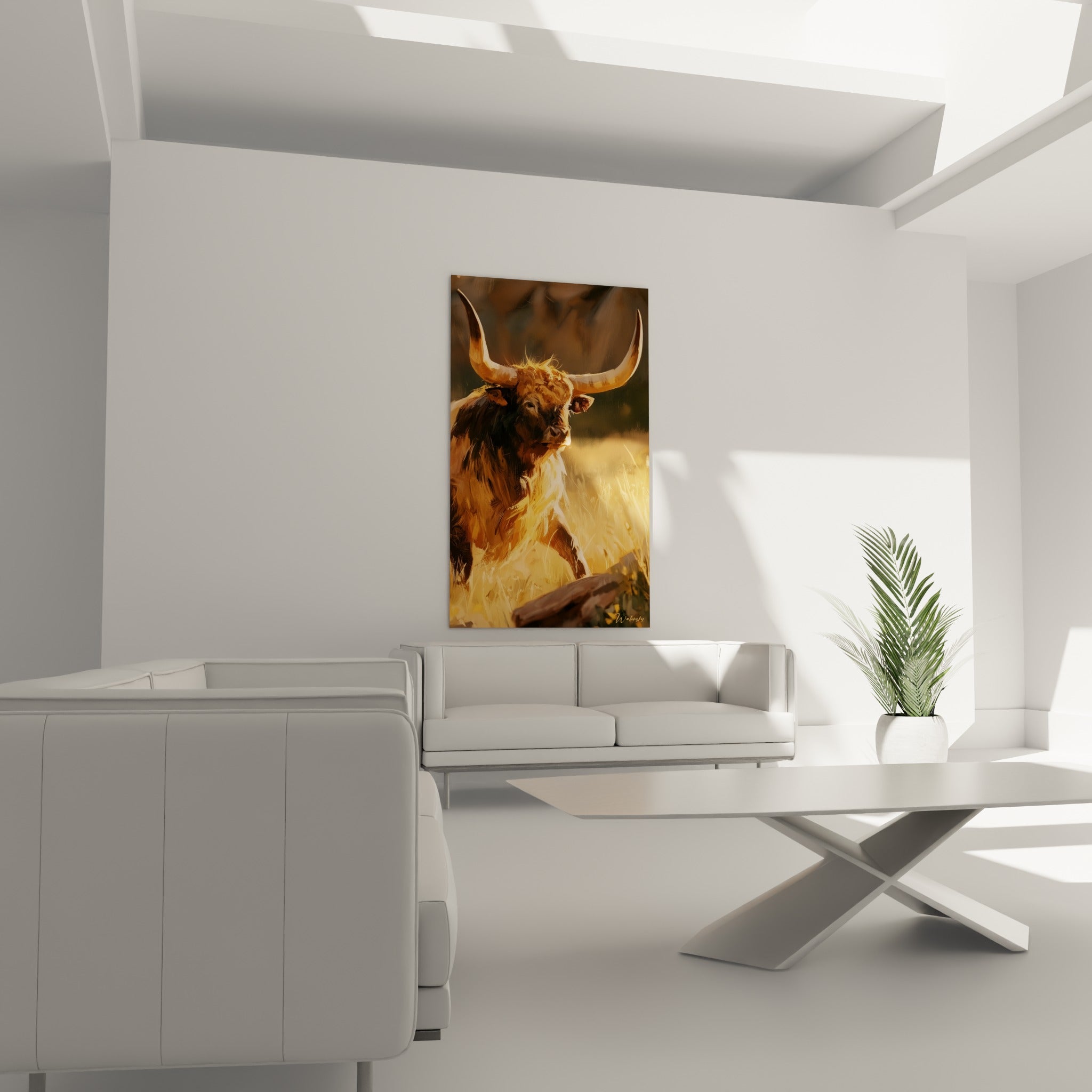 Puissante silhouette ocre et brune du Taureau visible au-dessus d'un canapé dans un salon lumineux