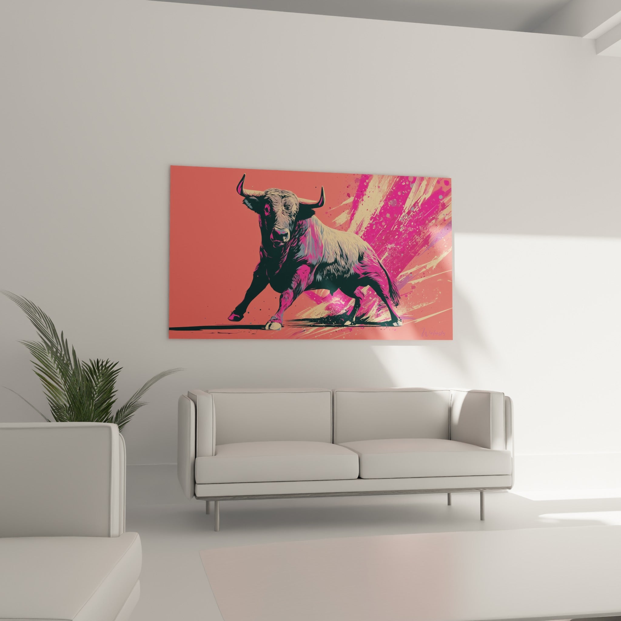 Bête puissante aux teintes fuchsia et beige, positionnée au-dessus d'un canapé dans un salon lumineux